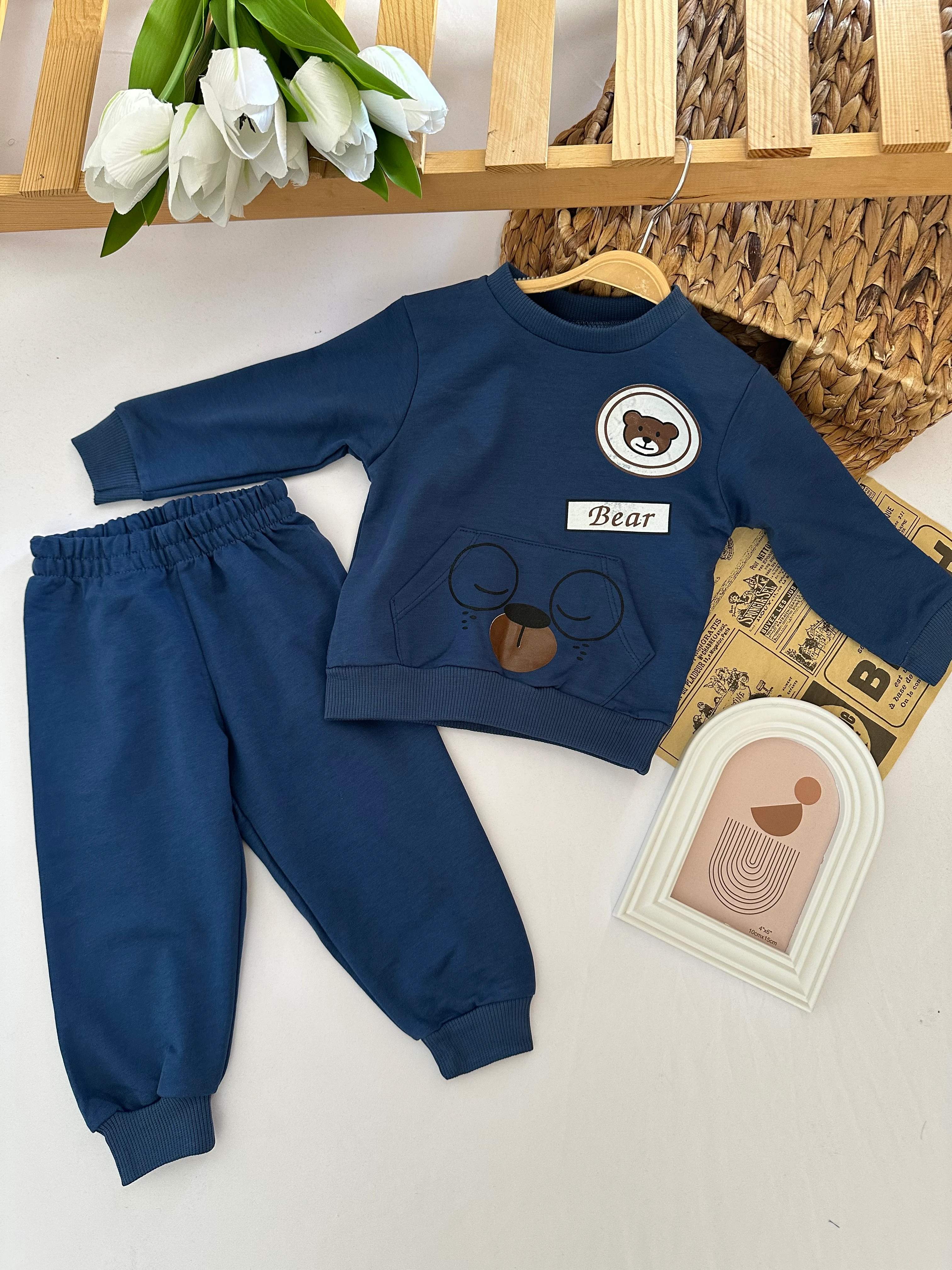 Unisex Lacivert Ayıcık Baskılı Takım