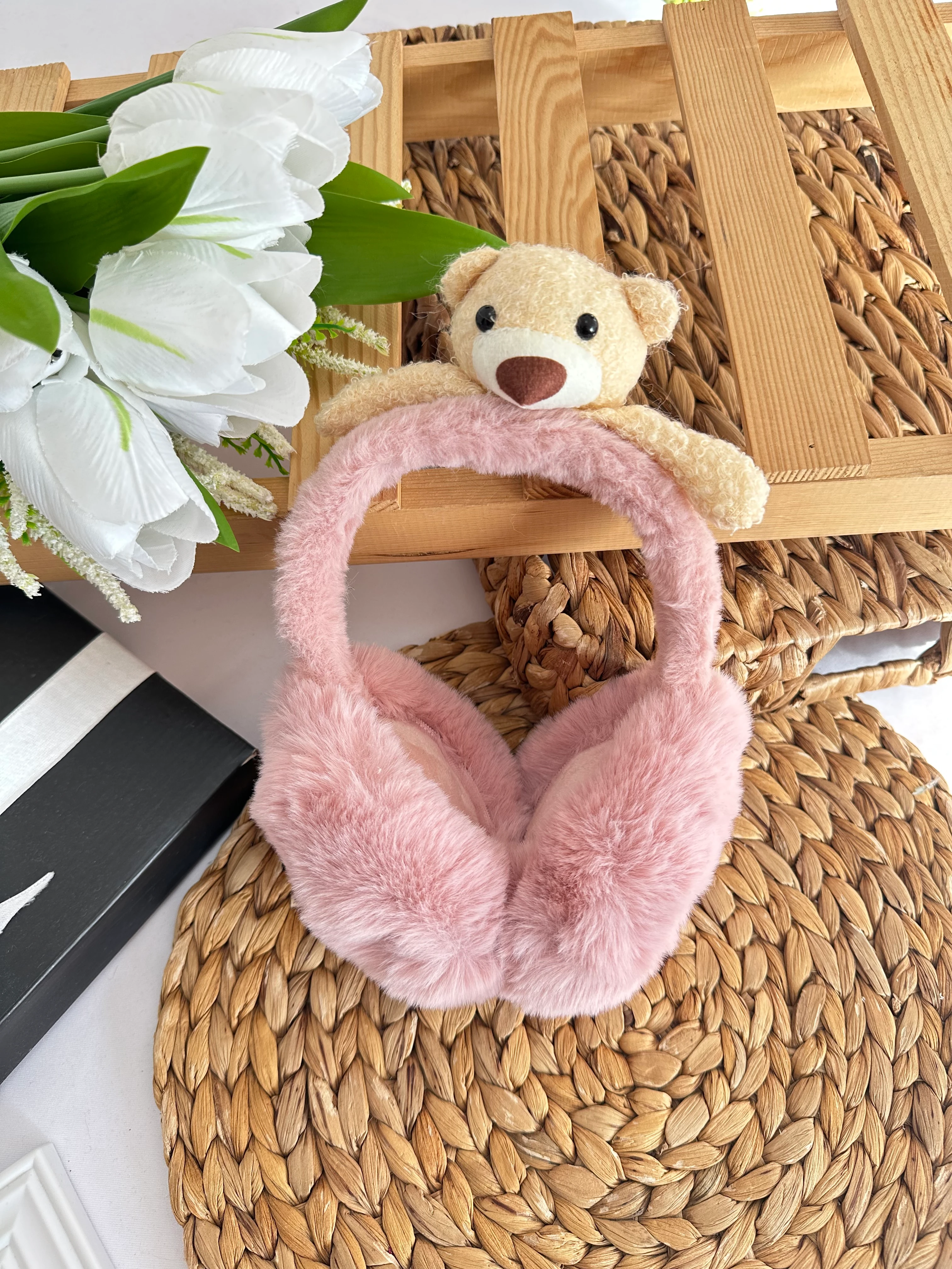 Kız Çocuk Gül Kurusu Ayıcıklı Peluş Kulaklık