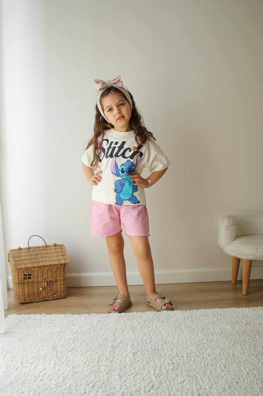 Kız Çocuk Stitch Pembe Şortlu Takım