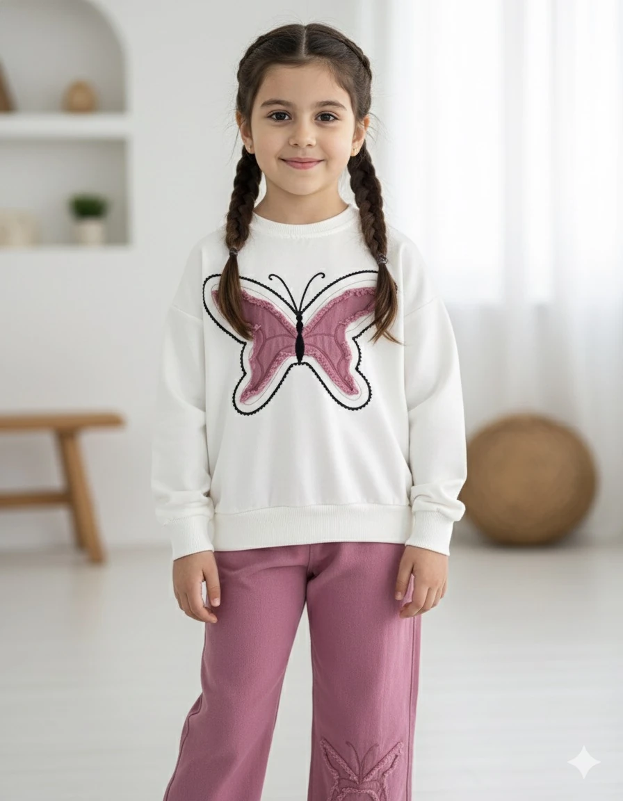 Kız Çocuk Pembe Kelebek Pantolonlu Takım