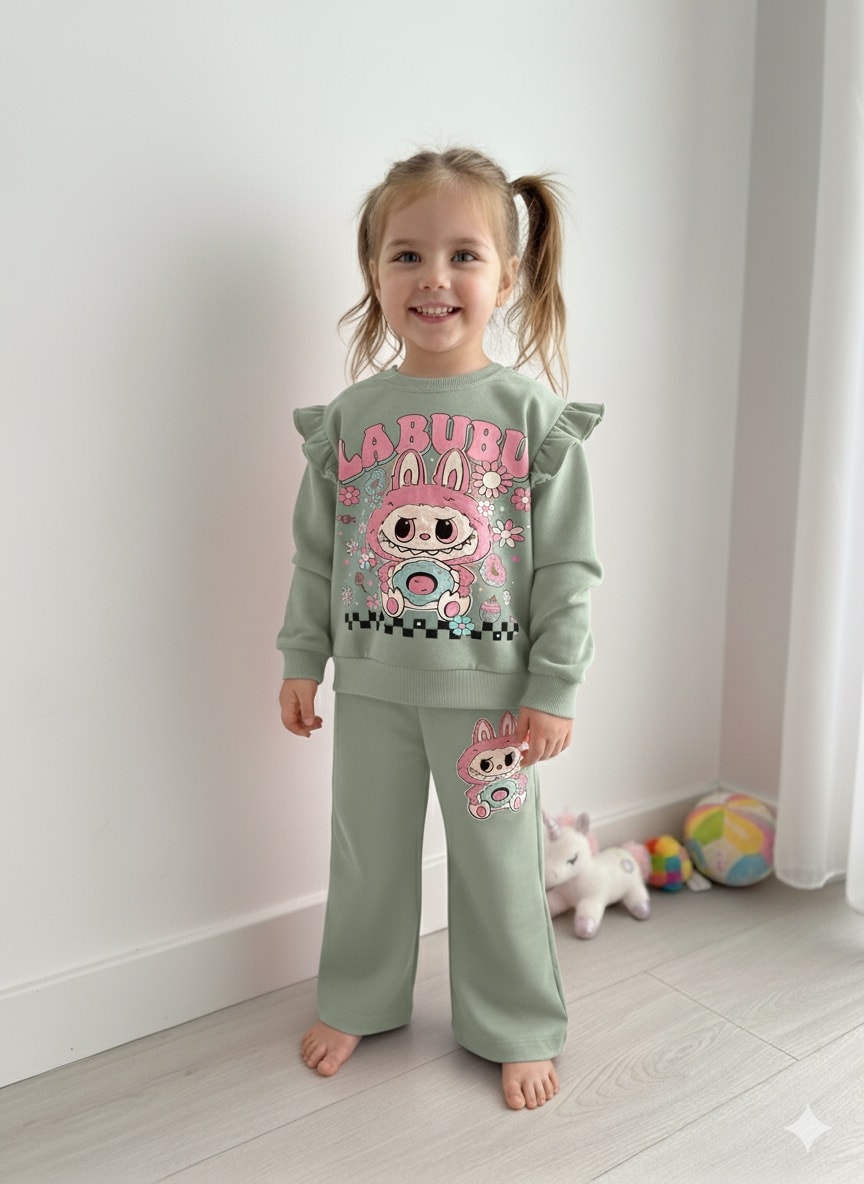 Kız Çocuk Yeşil  Labubu Baskılı 2’li Takım