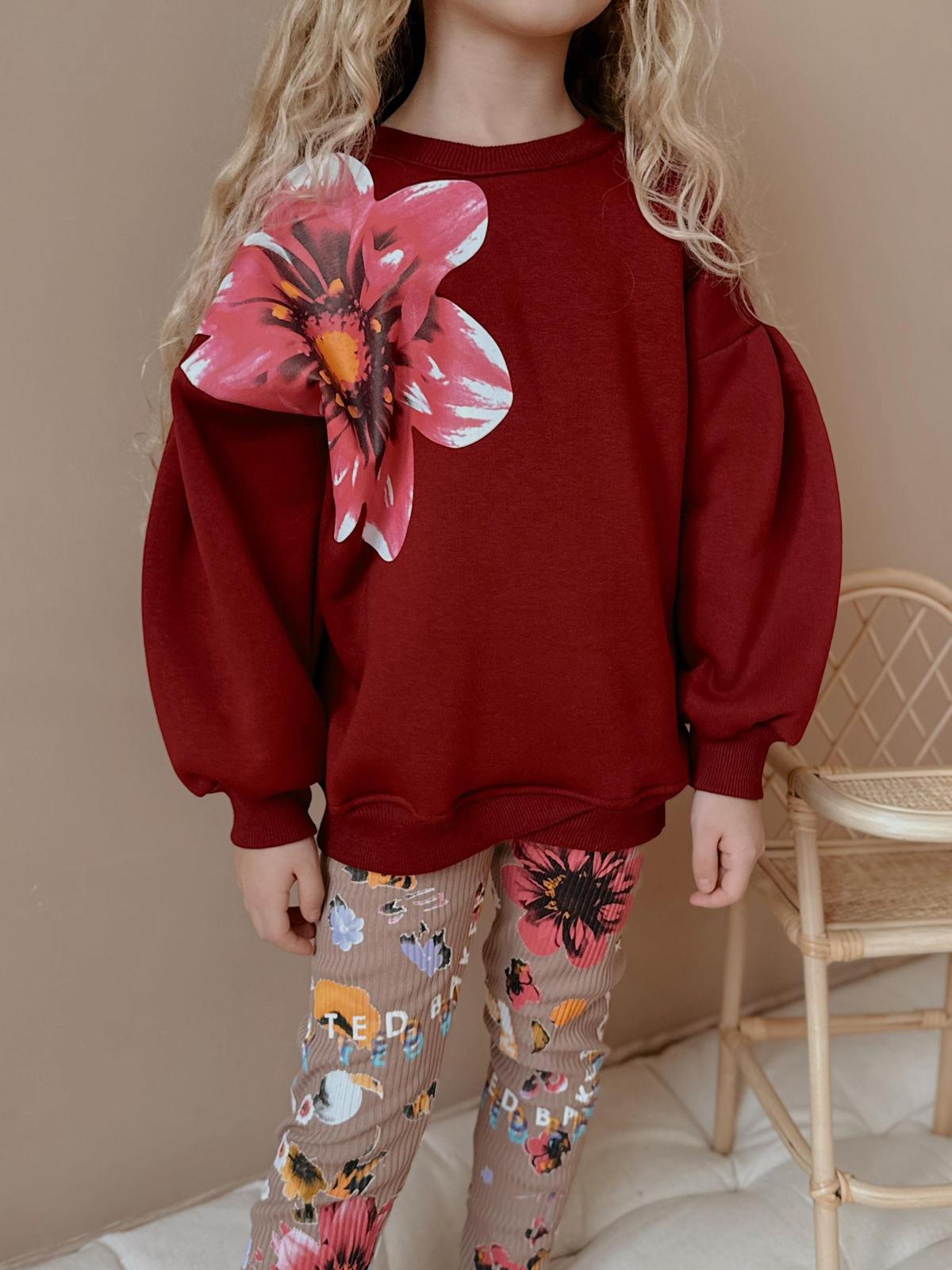 Kız Çocuk Bordo Omzunda Çiçek Desenli Takım