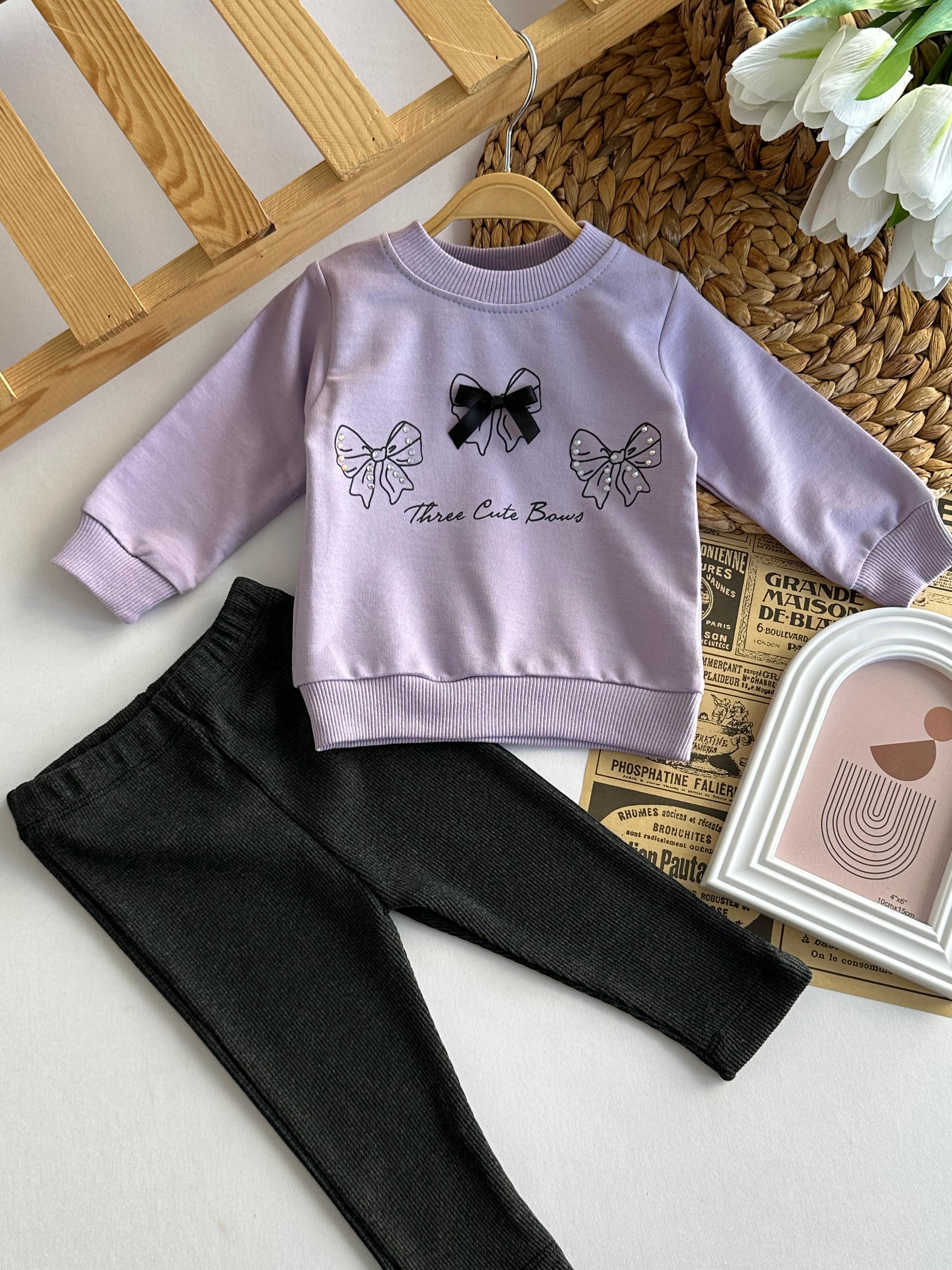 Kız Bebek Lila Fiyonklu Taytlı Takım