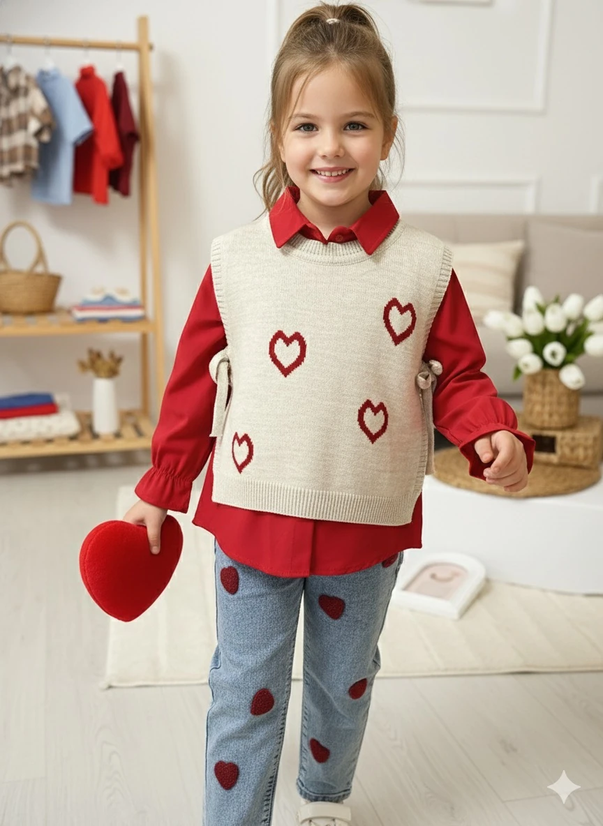 Kız Çocuk Kırmızı Kalp Trikolu 3'lü Takım