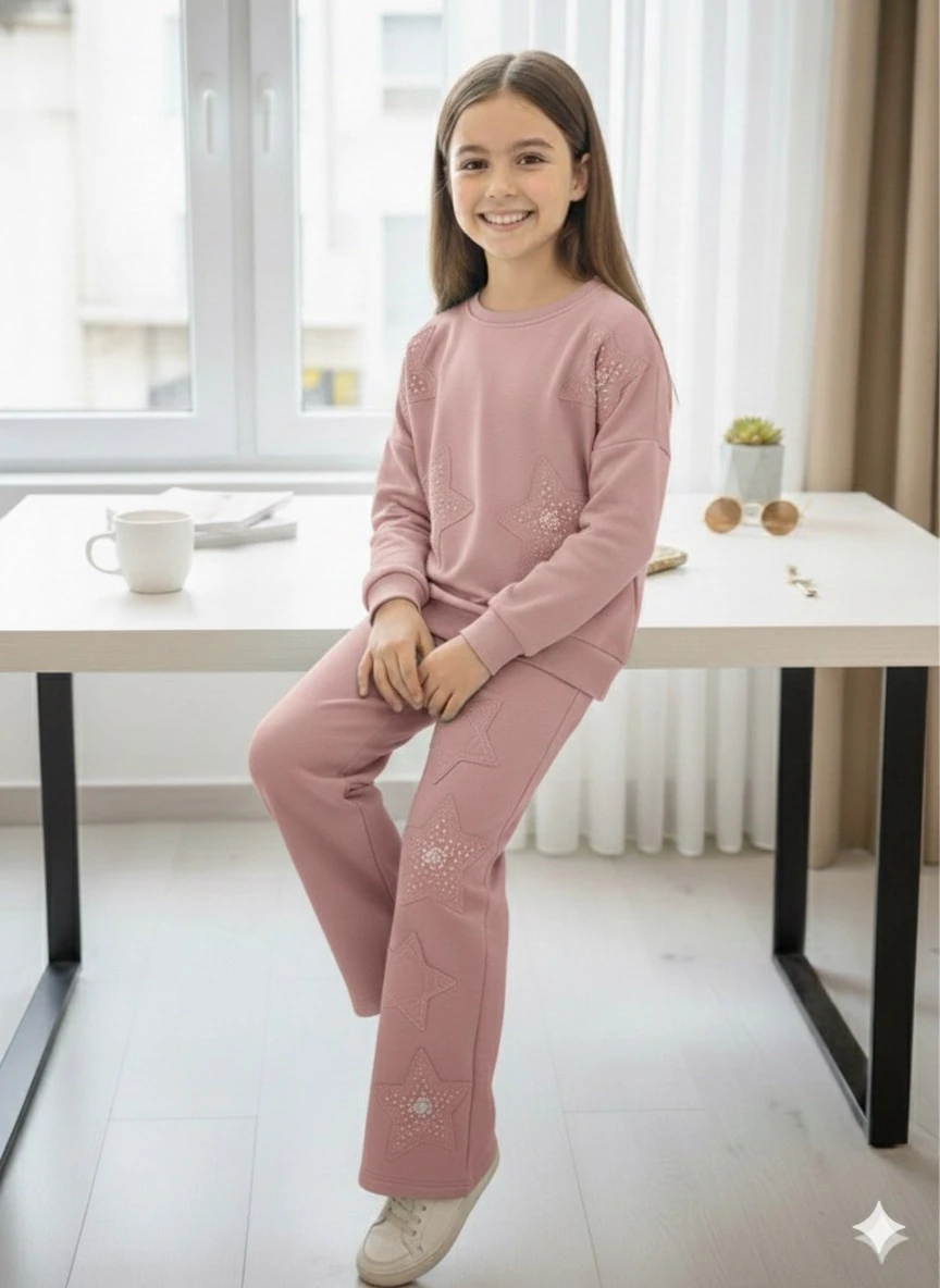 Kız Çocuk Gül Kurusu Oysho Kumaş Yıldızlı Takım