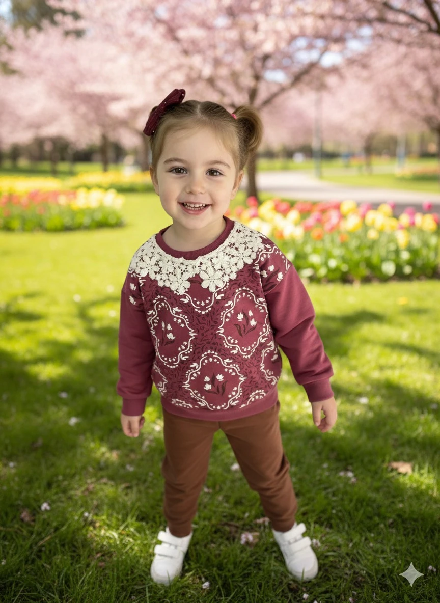 Kız Çocuk Mürdüm Çiçek Desenli Takım