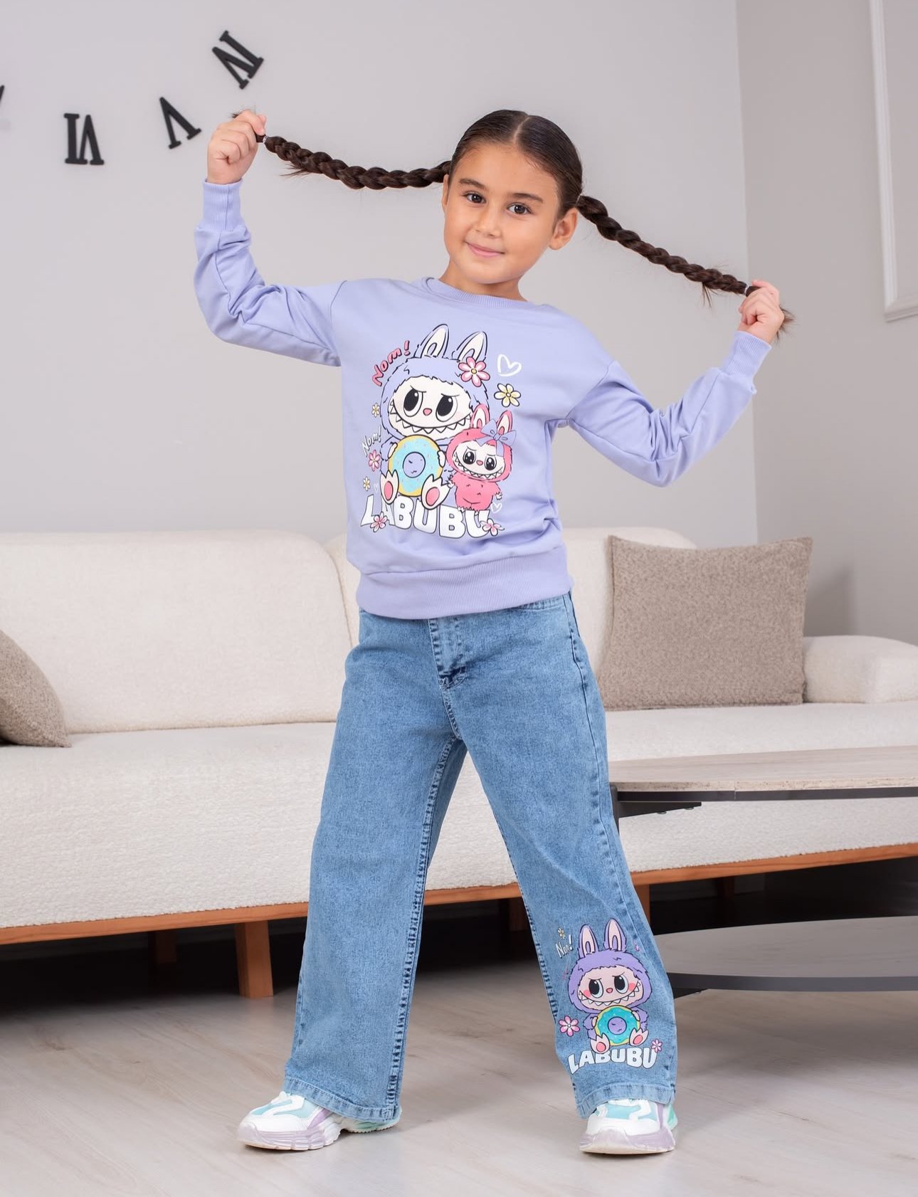 Kız Çocuk Lila Labubu Kot Pantolon Sweat 2’li Takım