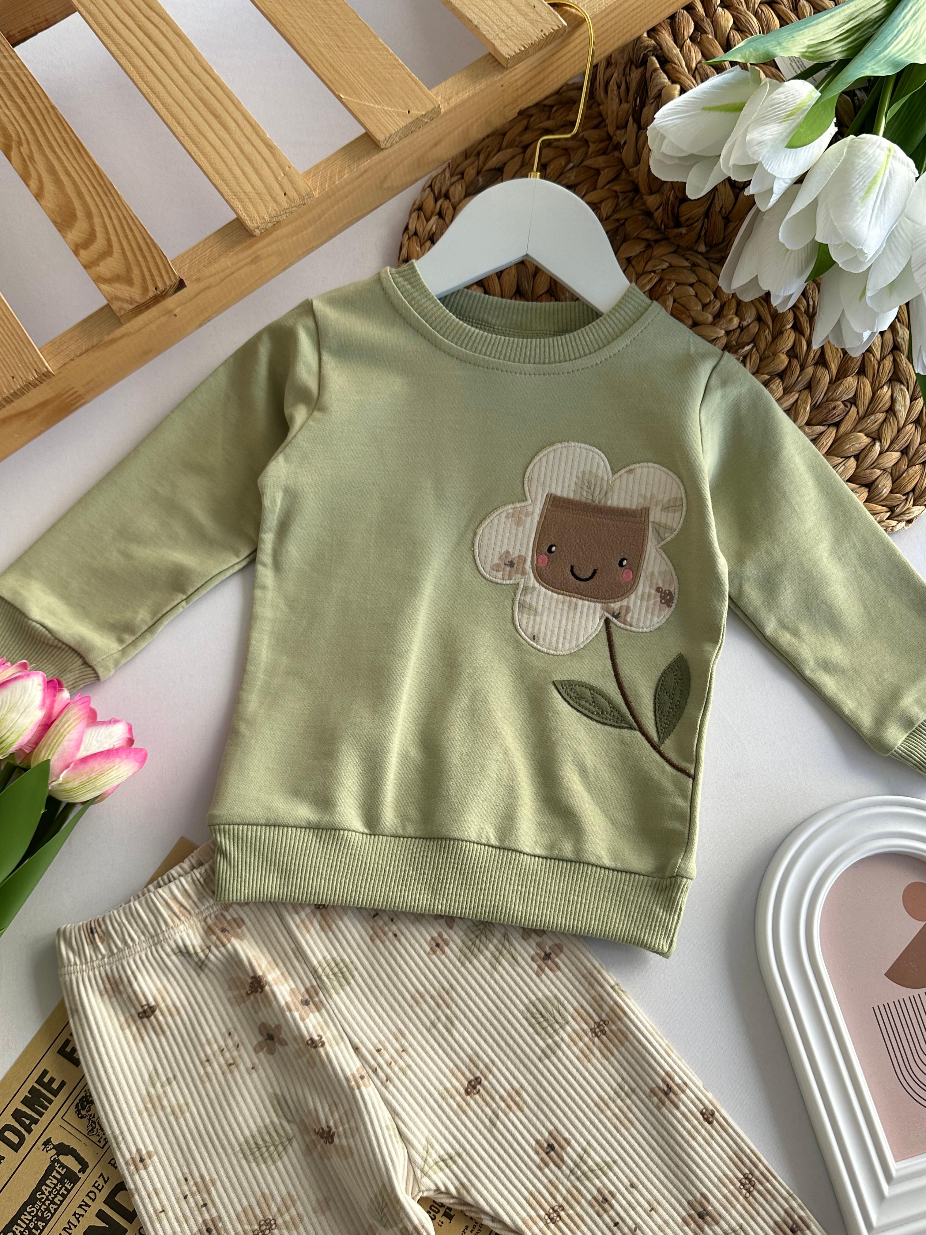 Kız Bebek Yeşil Çiçek Desenli Taytlı Takım 