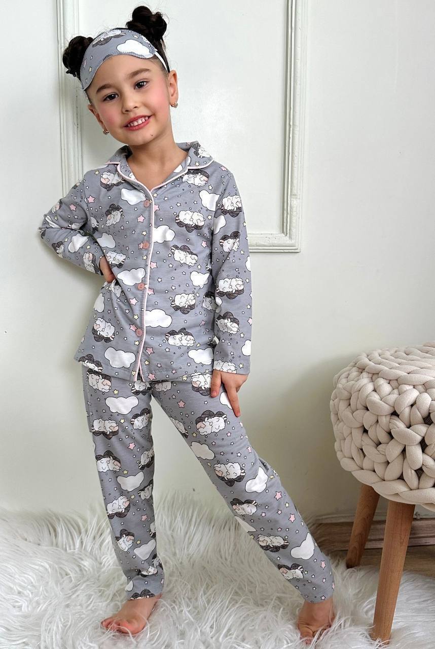 Kız Çocuk Kuzulu Uyku Bandı Hediyeli Pijama Takımı