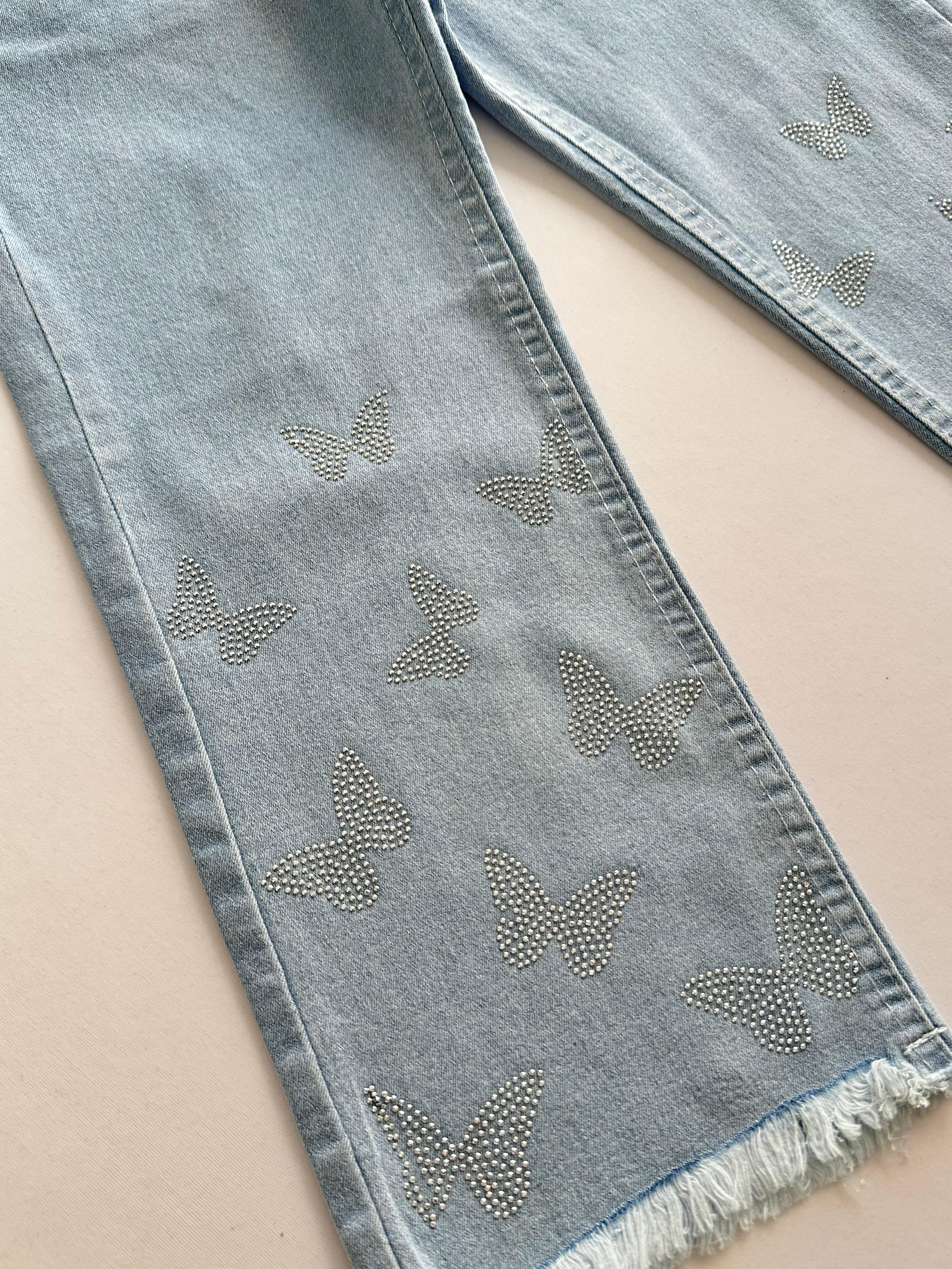 Kız Çocuk Mavi Kelebek Desenli Taşlı Kot Pantolon 