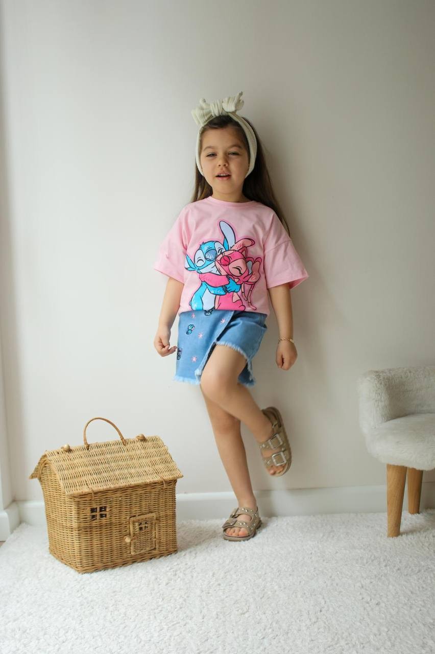 Kız Çocuk Pembe Stitch Kot Şort Etek Takım
