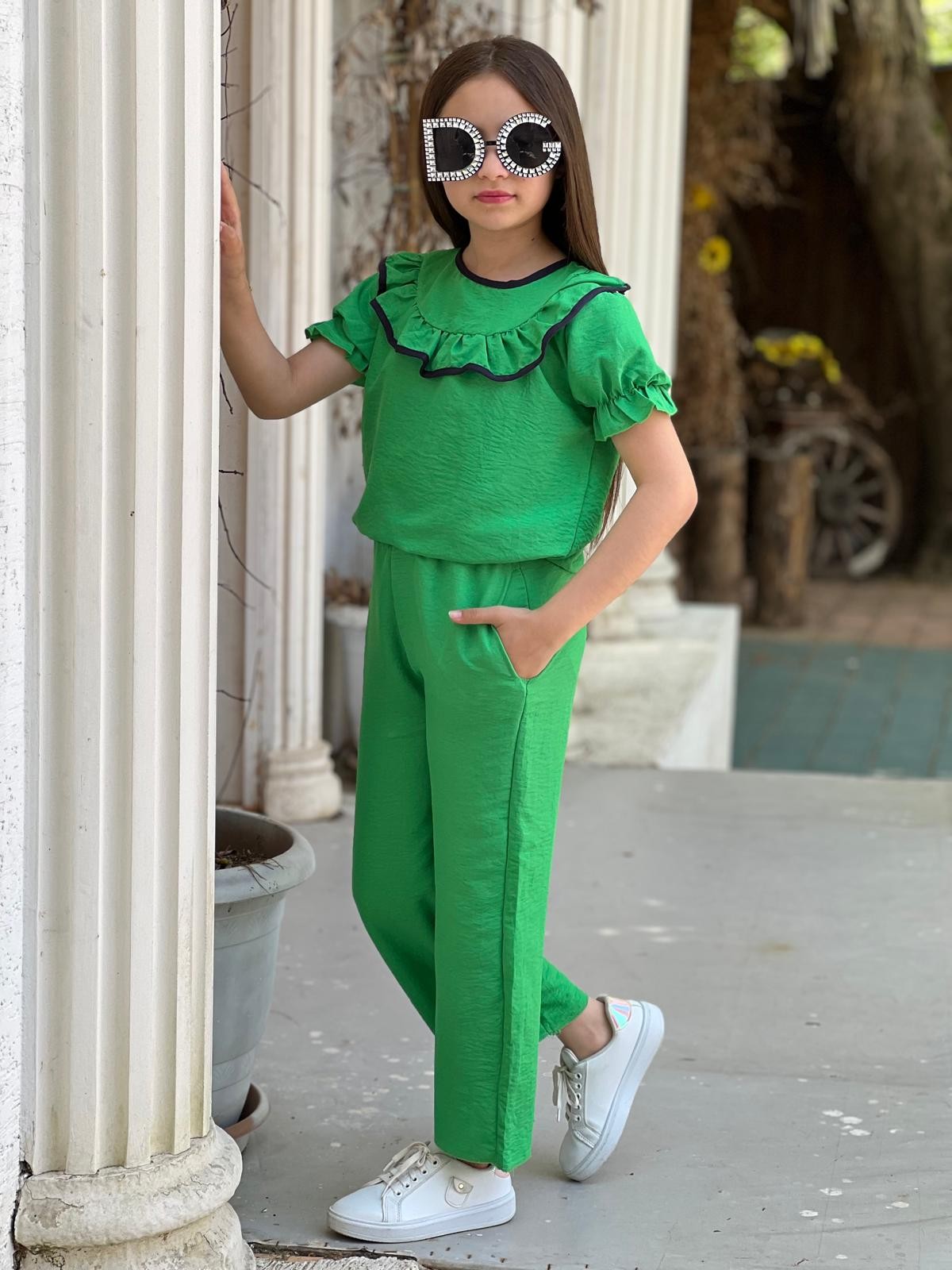 Kız Çocuk Yeşil Fırfır Detaylı Pamuk Ayrobin Takım