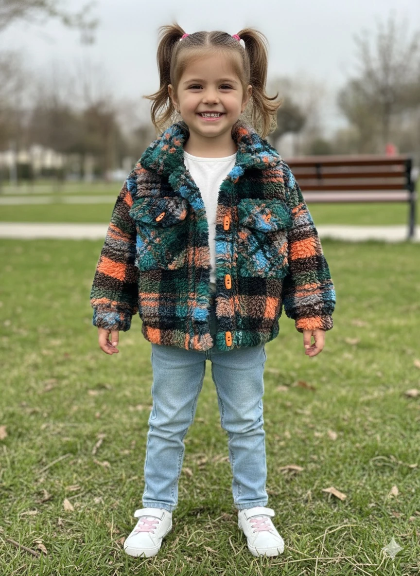Kız Çocuk Mavi Ekose Desenli Peluş Ceket