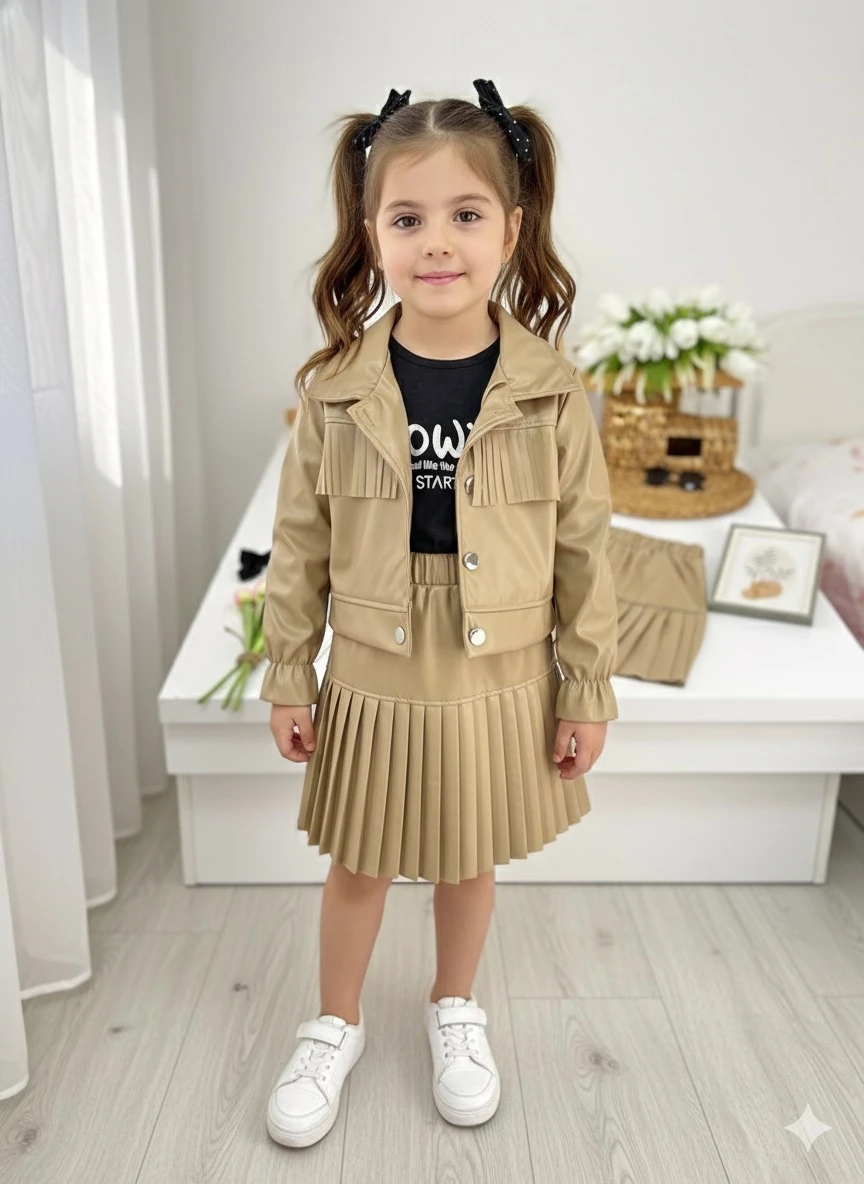 Kız Çocuk Bej 3'lü Deri Takım