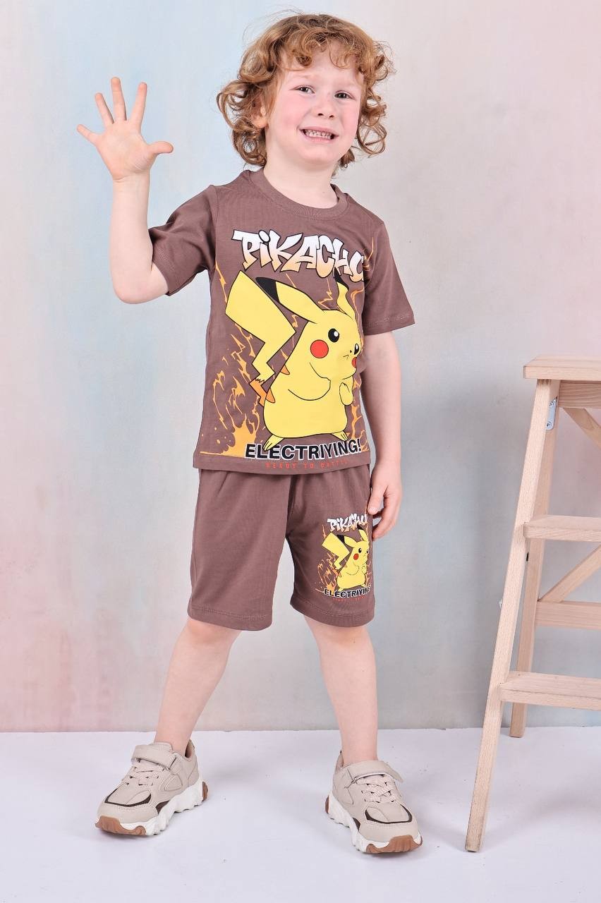 Erkek Çocuk Kahve Pikachu Şortlu Takım