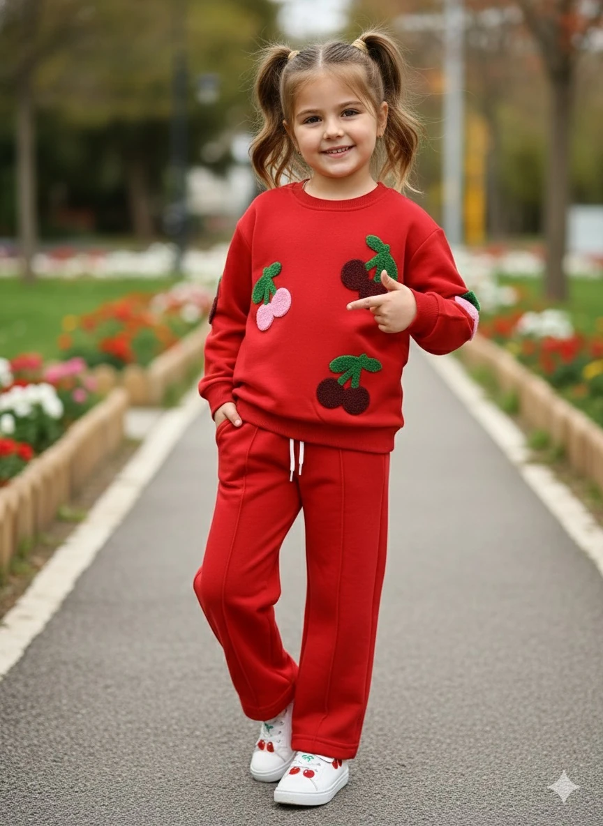 Kız Çocuk Kırmızı Kiraz Nakışlı Takım