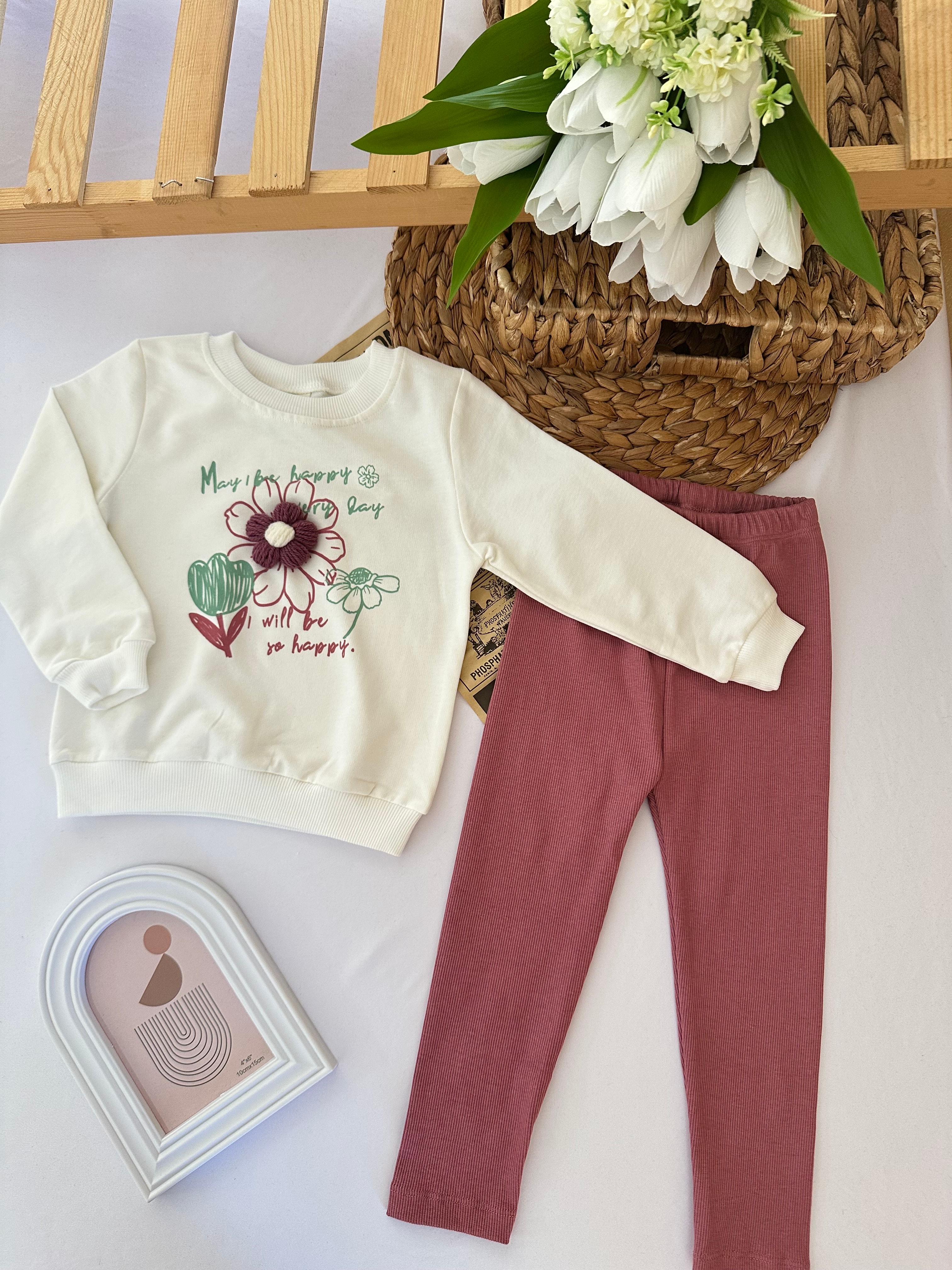 Kız Çocuk Mürdüm Çiçek Nakışlı 2'li Takım