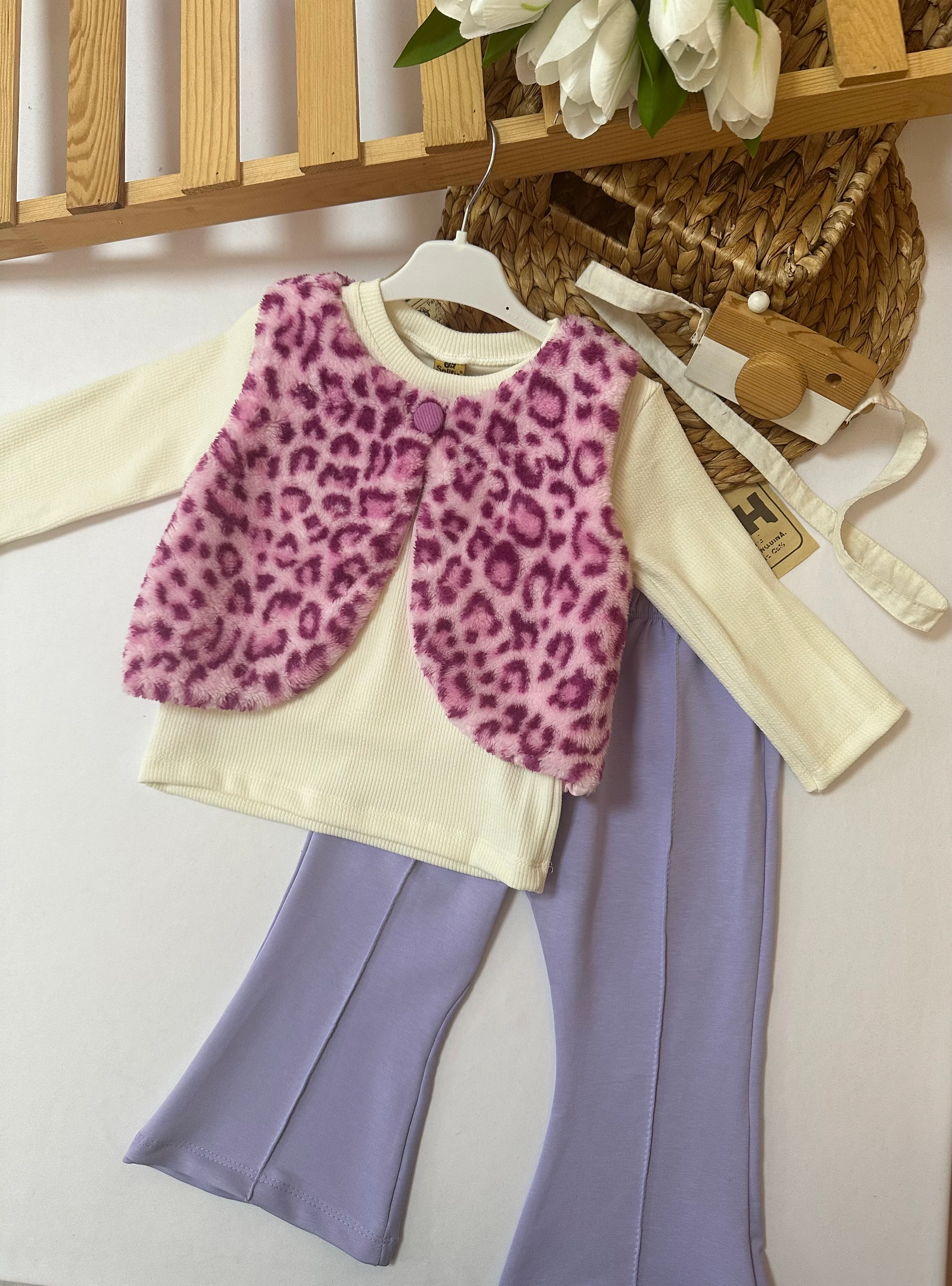Kız Çocuk Leopar Yelekli Mor 3'lü Takım