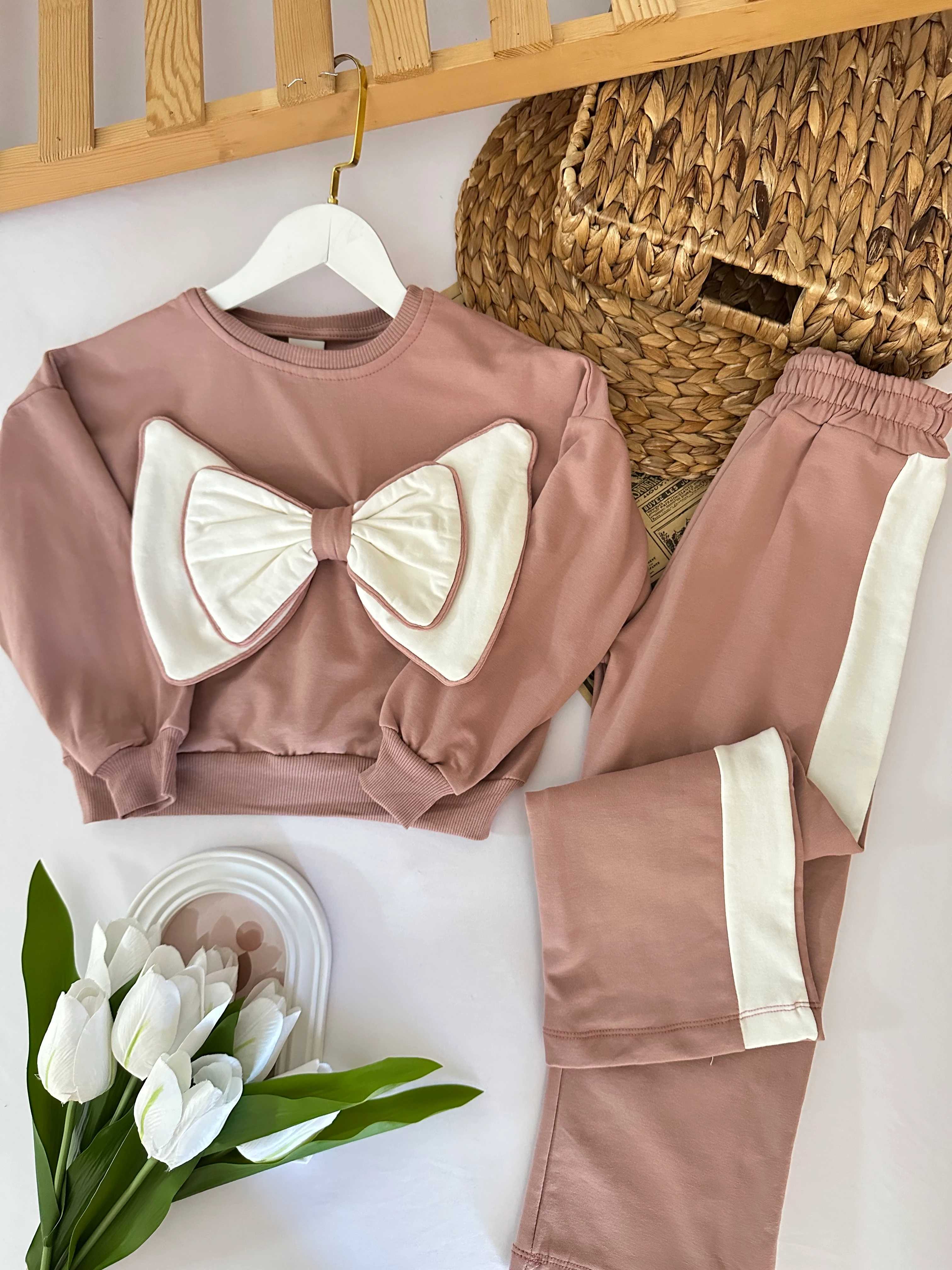 Kız Çocuk Gül Kurusu Büyük Fiyonklu Takım 