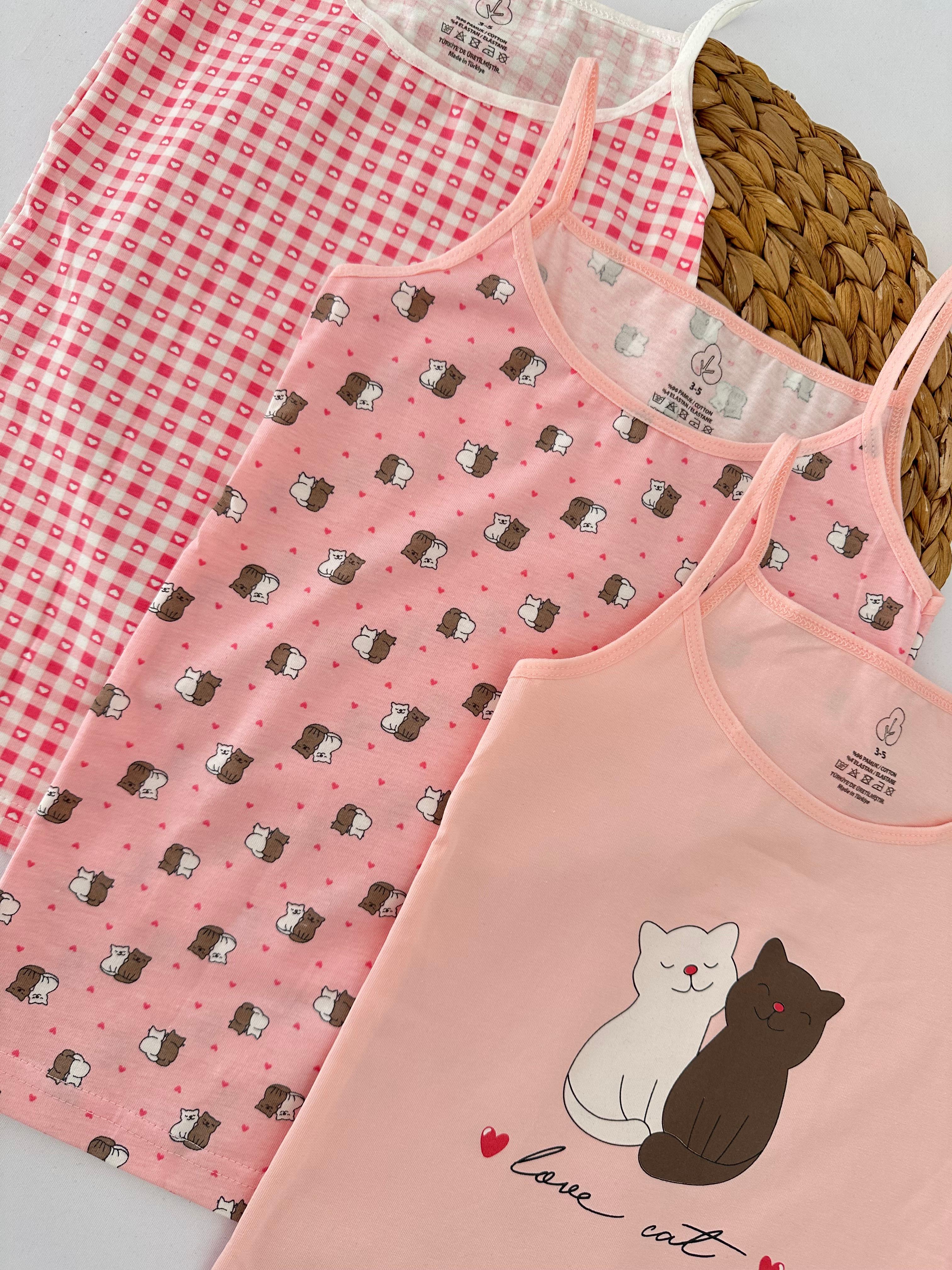 Kız Çocuk Pembe Kedili 3’lü Atlet Seti