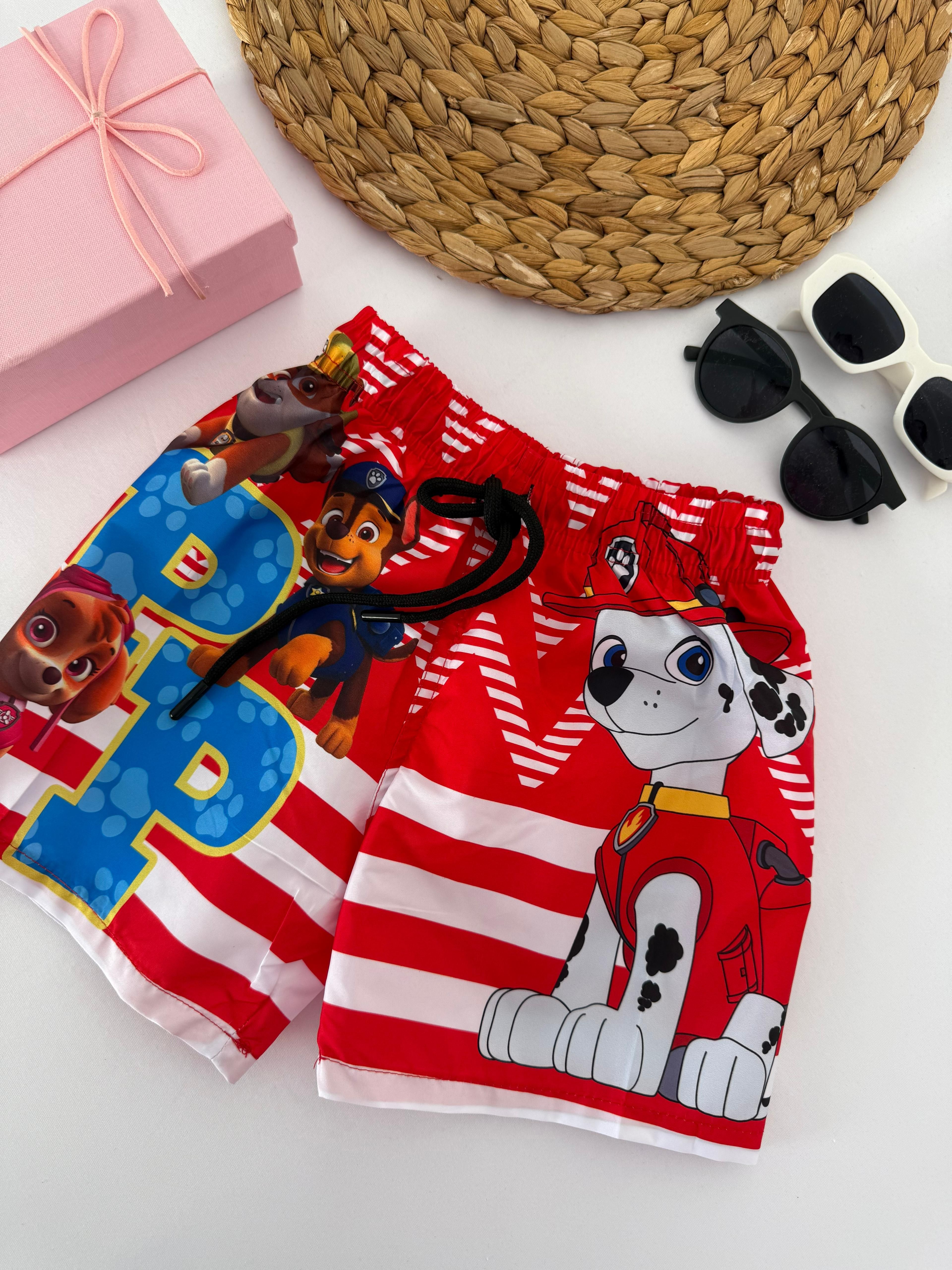 Erkek Çocuk Kırmızı Çizgili Paw Patrol Deniz Şortu