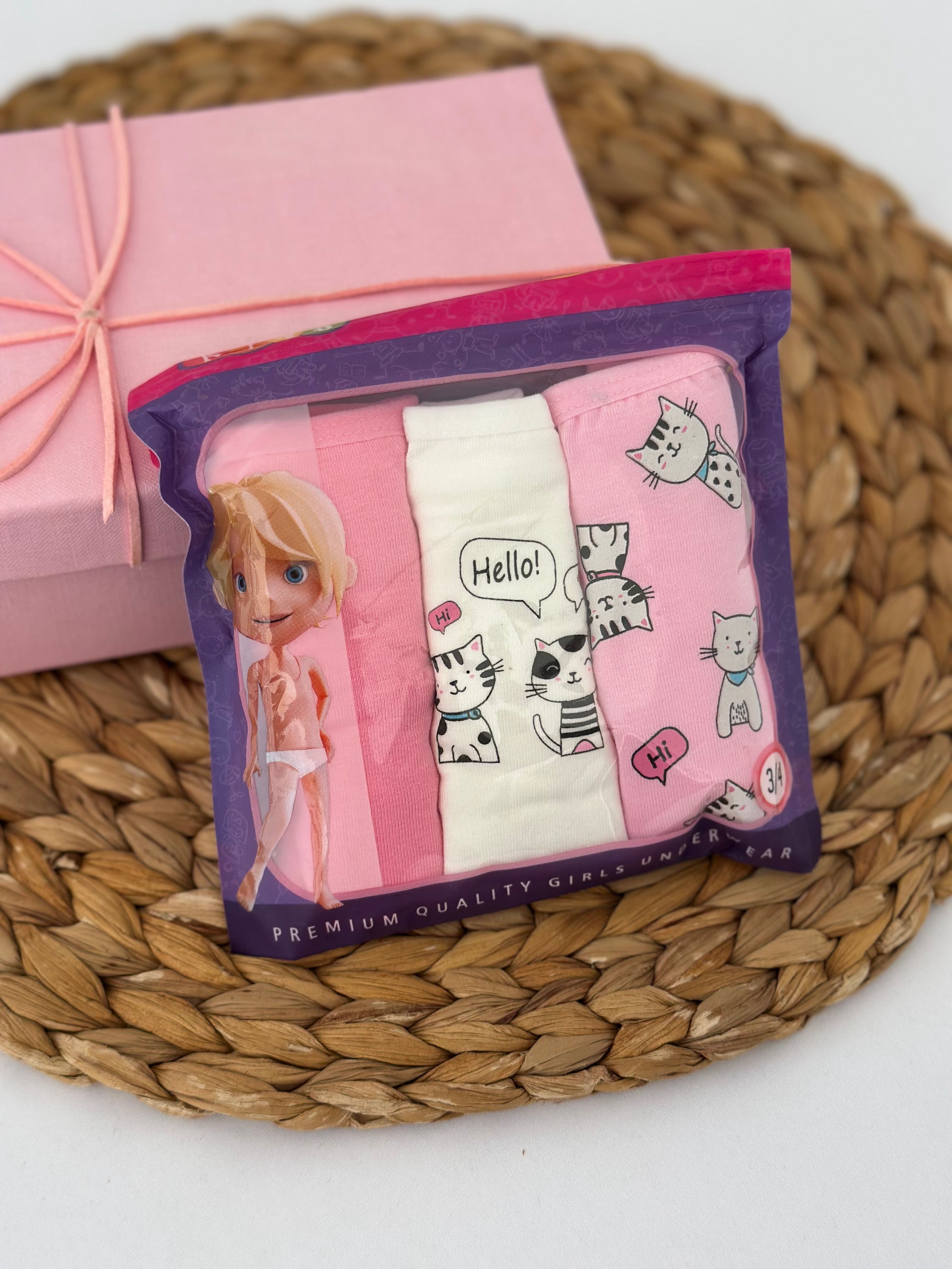 Kız Çocuk Pembe Kedicik Desenli 3’lü Slip Külot
