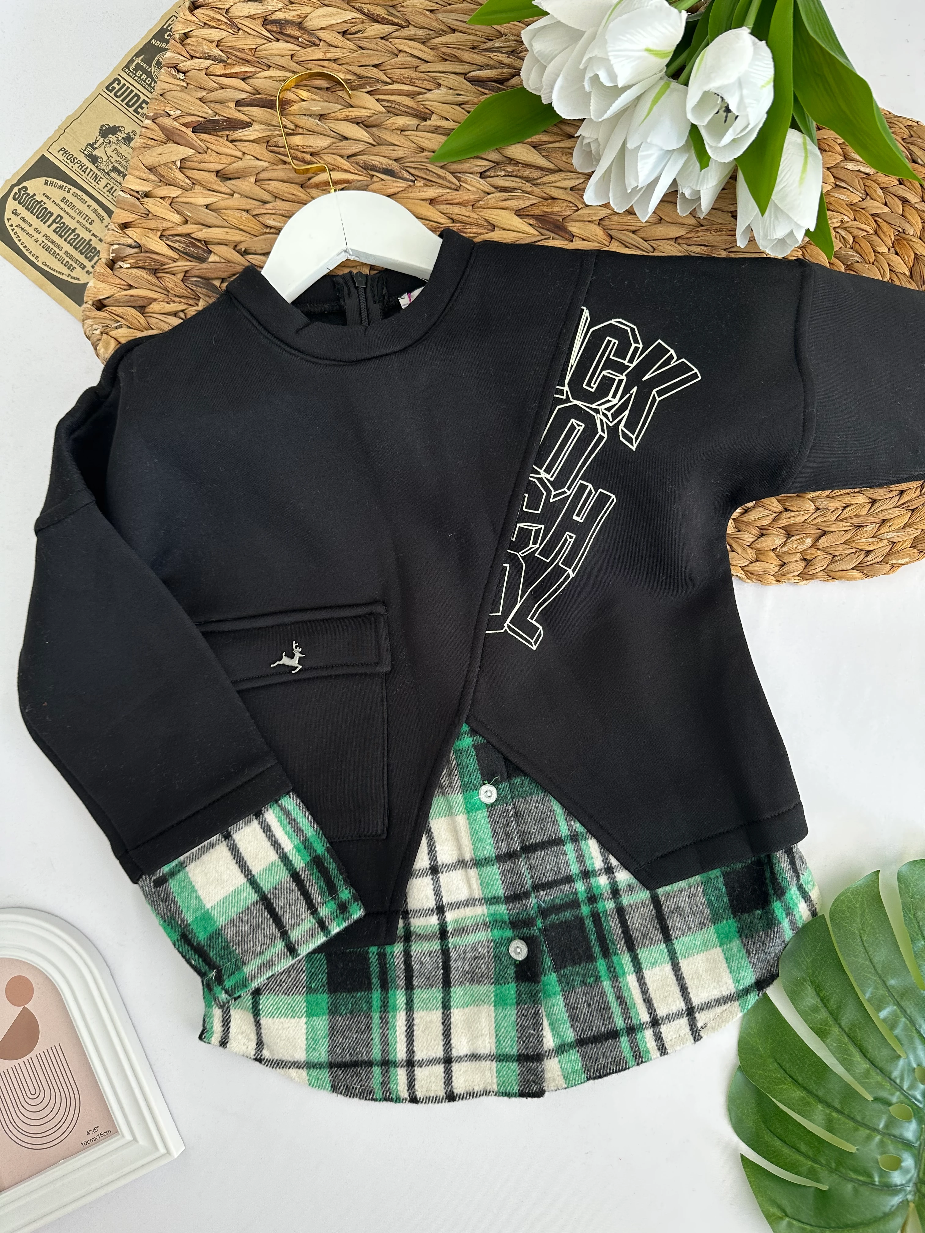 Kız Çocuk Siyah Yeşil Gömlek Detaylı Sweat