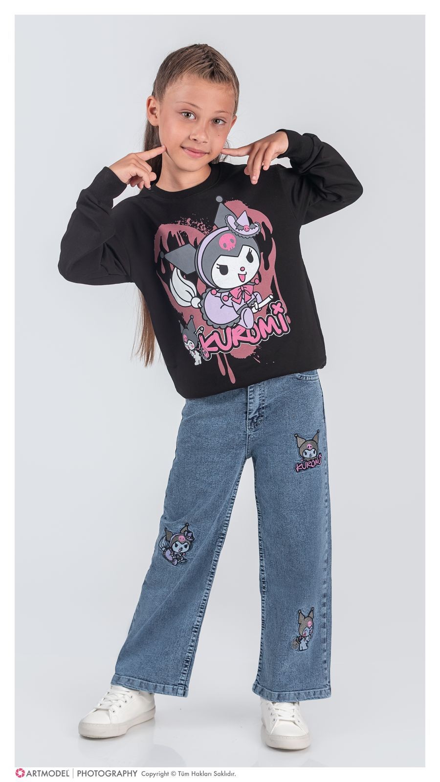 Kız Çocuk Siyah Kuromi Kot Pantolon Sweat 2'li Takım
