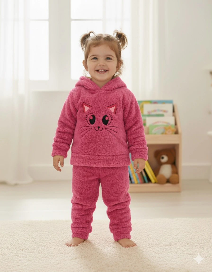 Kız Çocuk Fuşya Kedili Peluş Takım