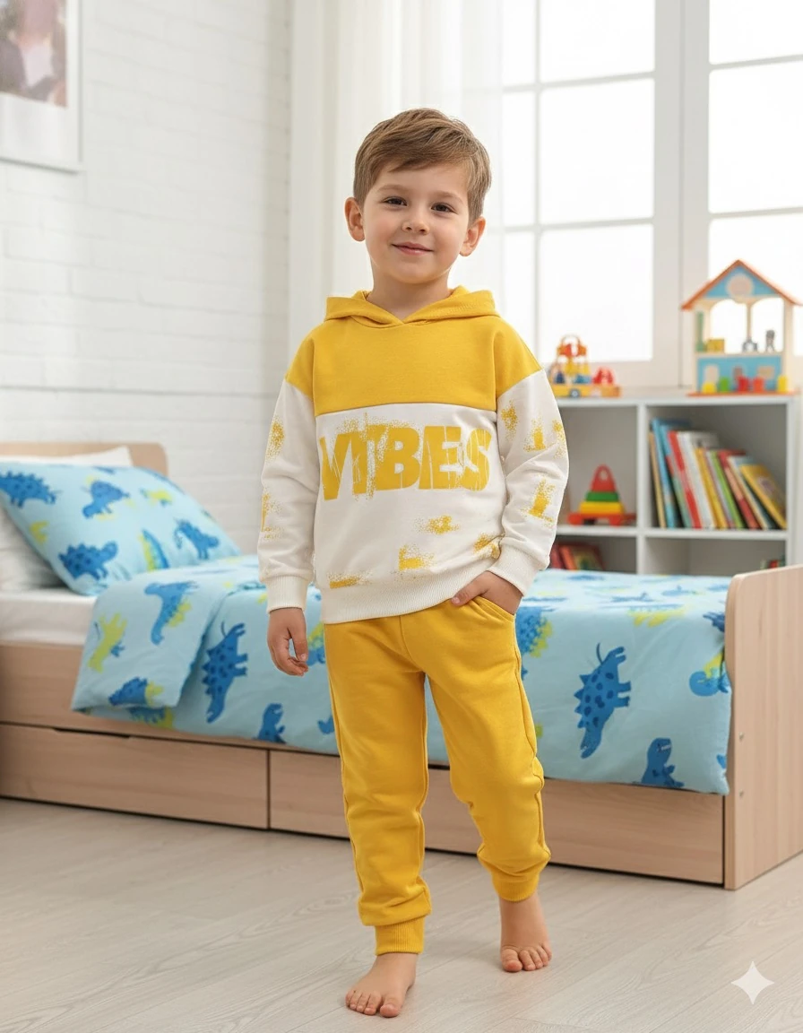 Erkek Çocuk Sarı Vibes Kapüşonlu Takım