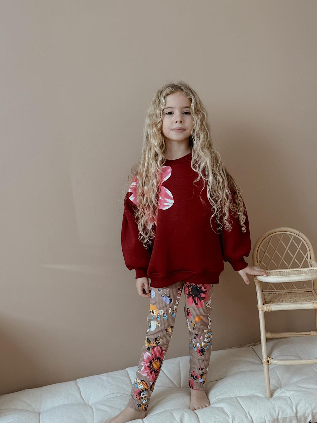 Kız Çocuk Bordo Omzunda Çiçek Desenli Takım
