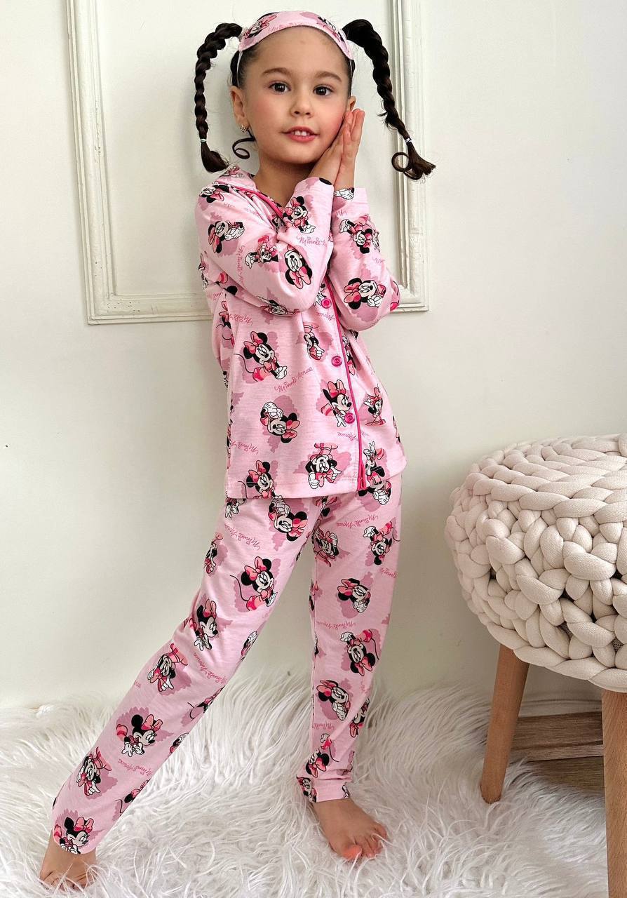 Kız Çocuk Pembe Minnie Daisy Desenli Uyku Bandı Hediyeli Pijama Takımı