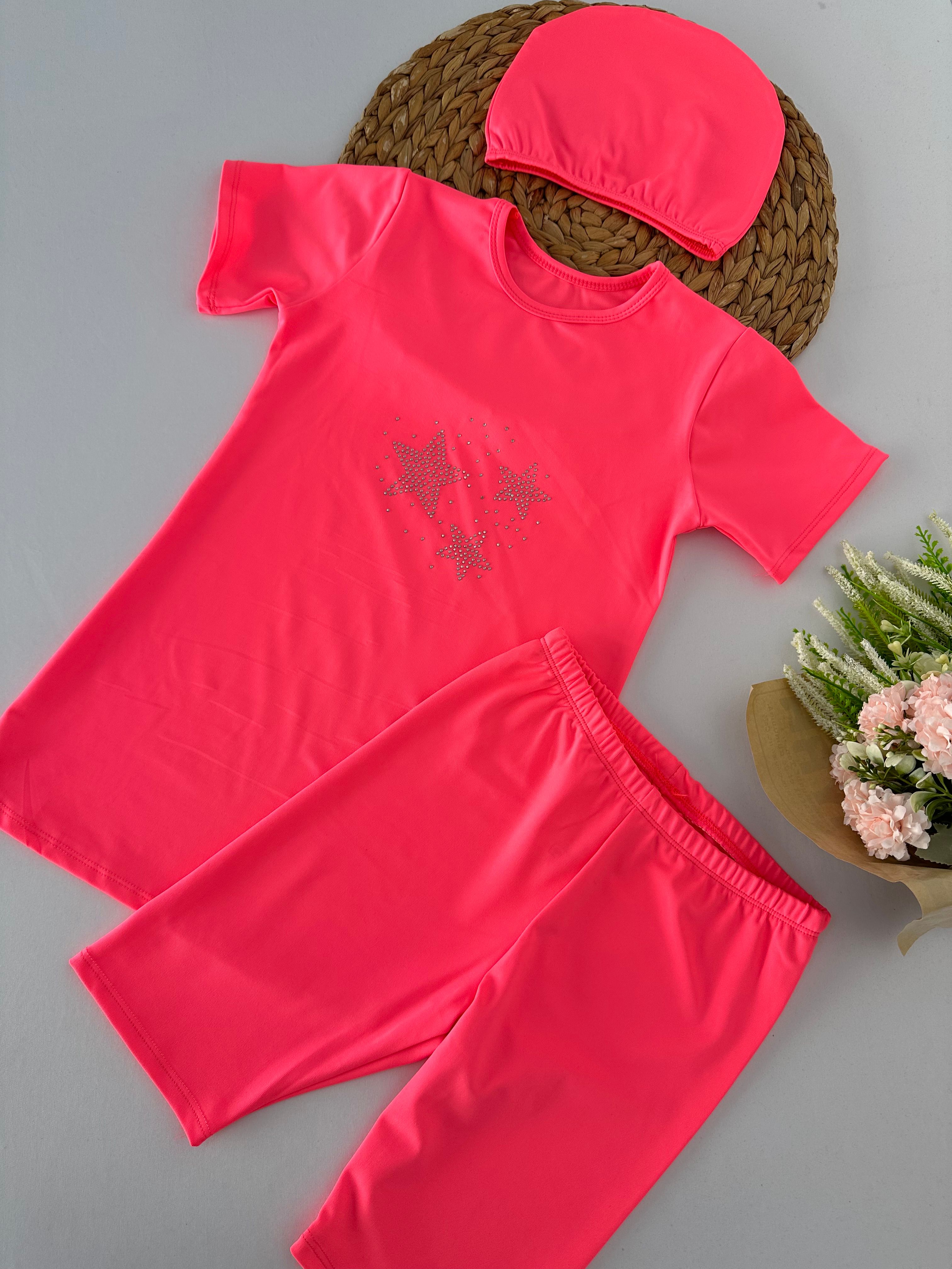 Kız Çocuk Neon Pembe Yıldızlı Boneli Mayo