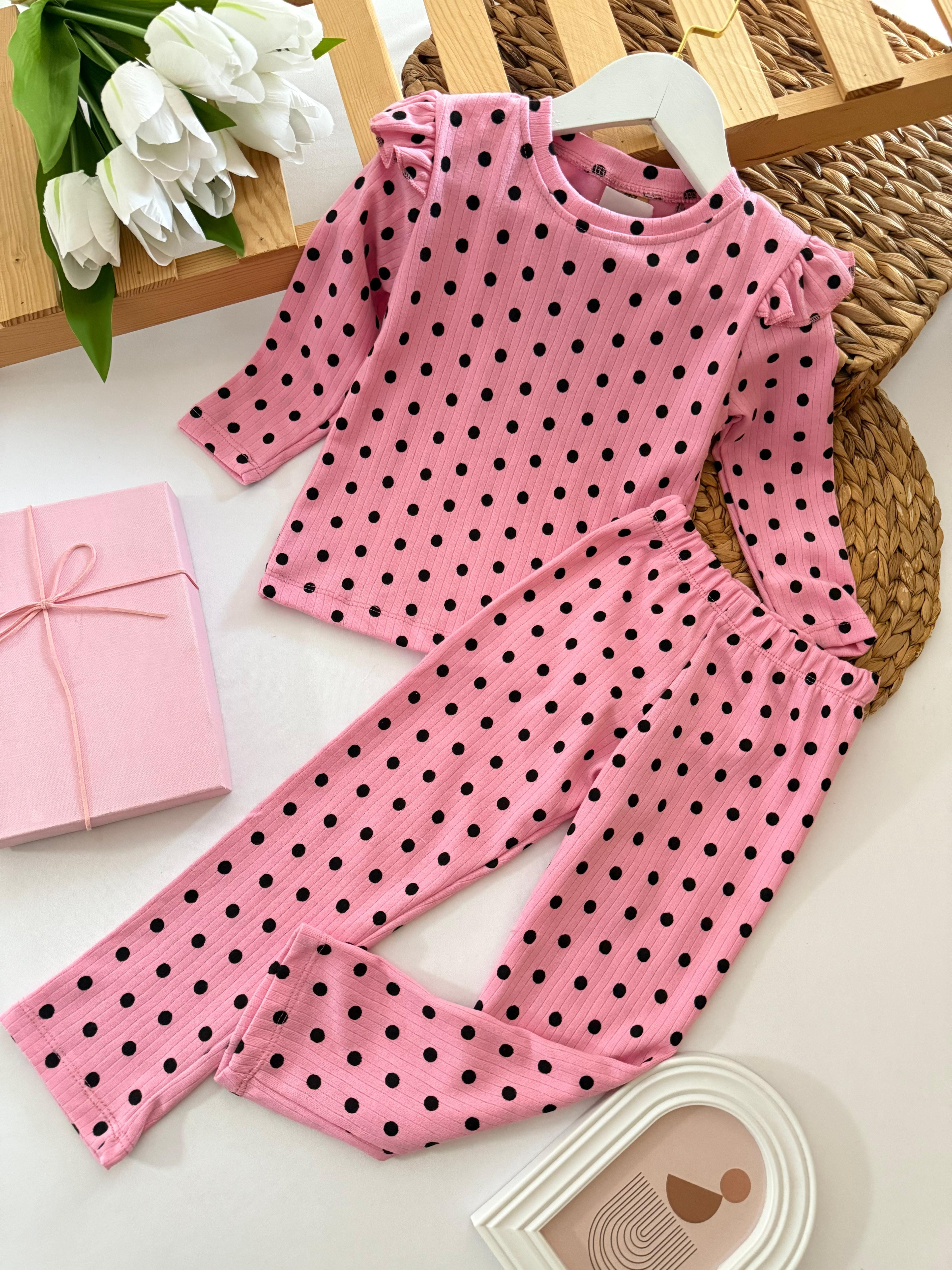 Kız Çocuk Pembe Puantiyeli Alt-Üst Takım
