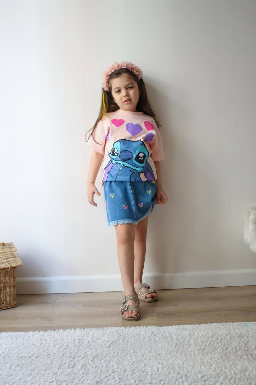 Kız Çocuk Somon Kalpli Stitch Mavi Kot Etek Takım
