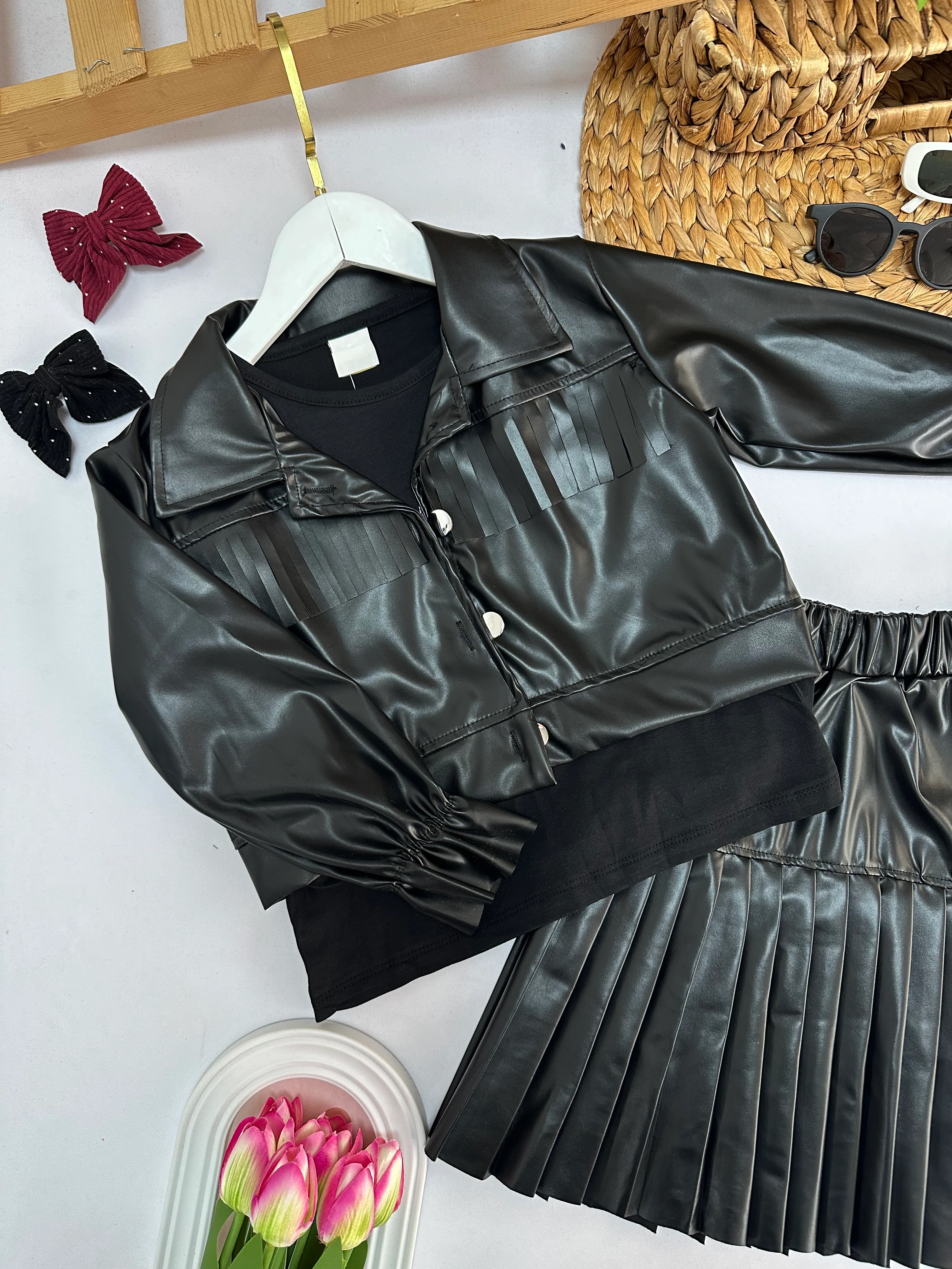 Kız Çocuk Siyah 3'lü Deri Takım