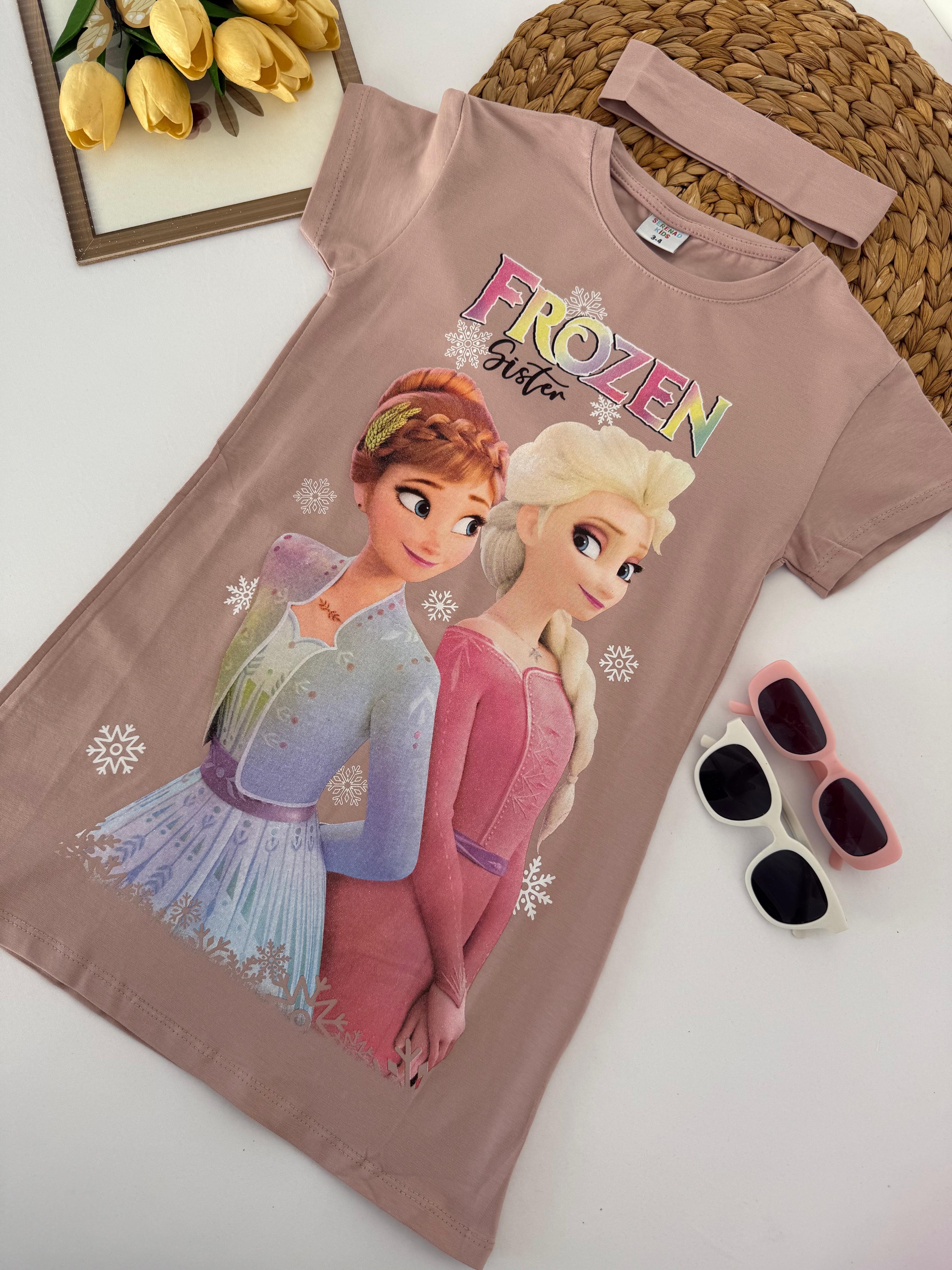 Kız Çocuk Kahve Frozen Bandanalı Tunik Elbise