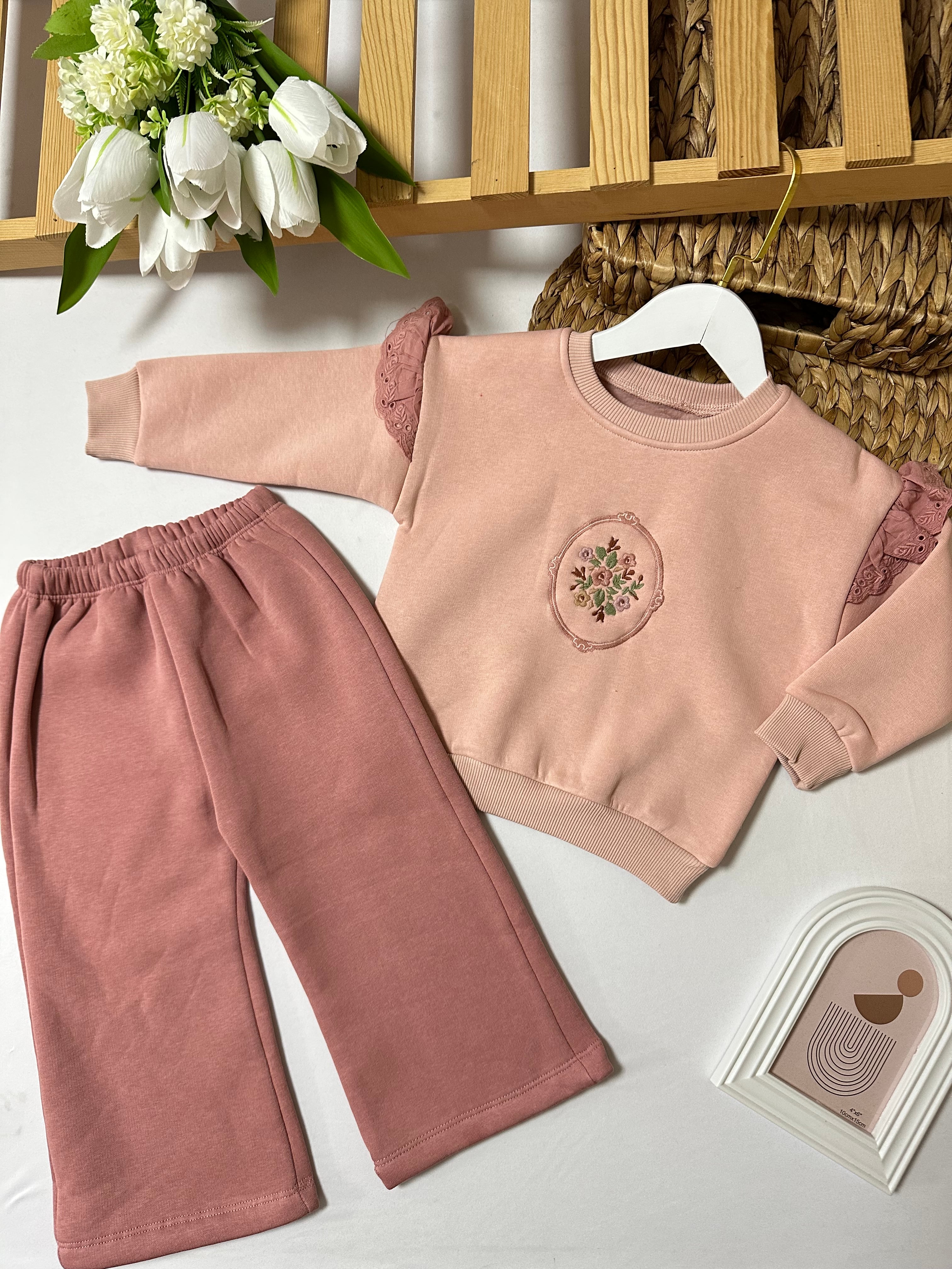 Kız Çocuk Pembe Kolu Dantel Detaylı Takım