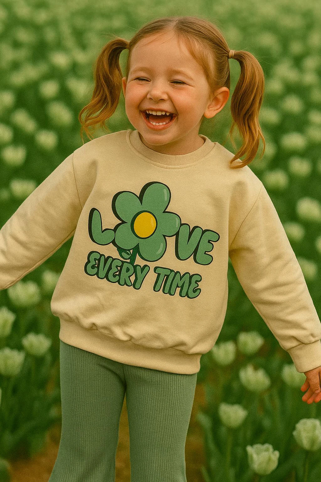 Kız Çocuk Yeşil Love İspanyol Paça Taytlı Takım