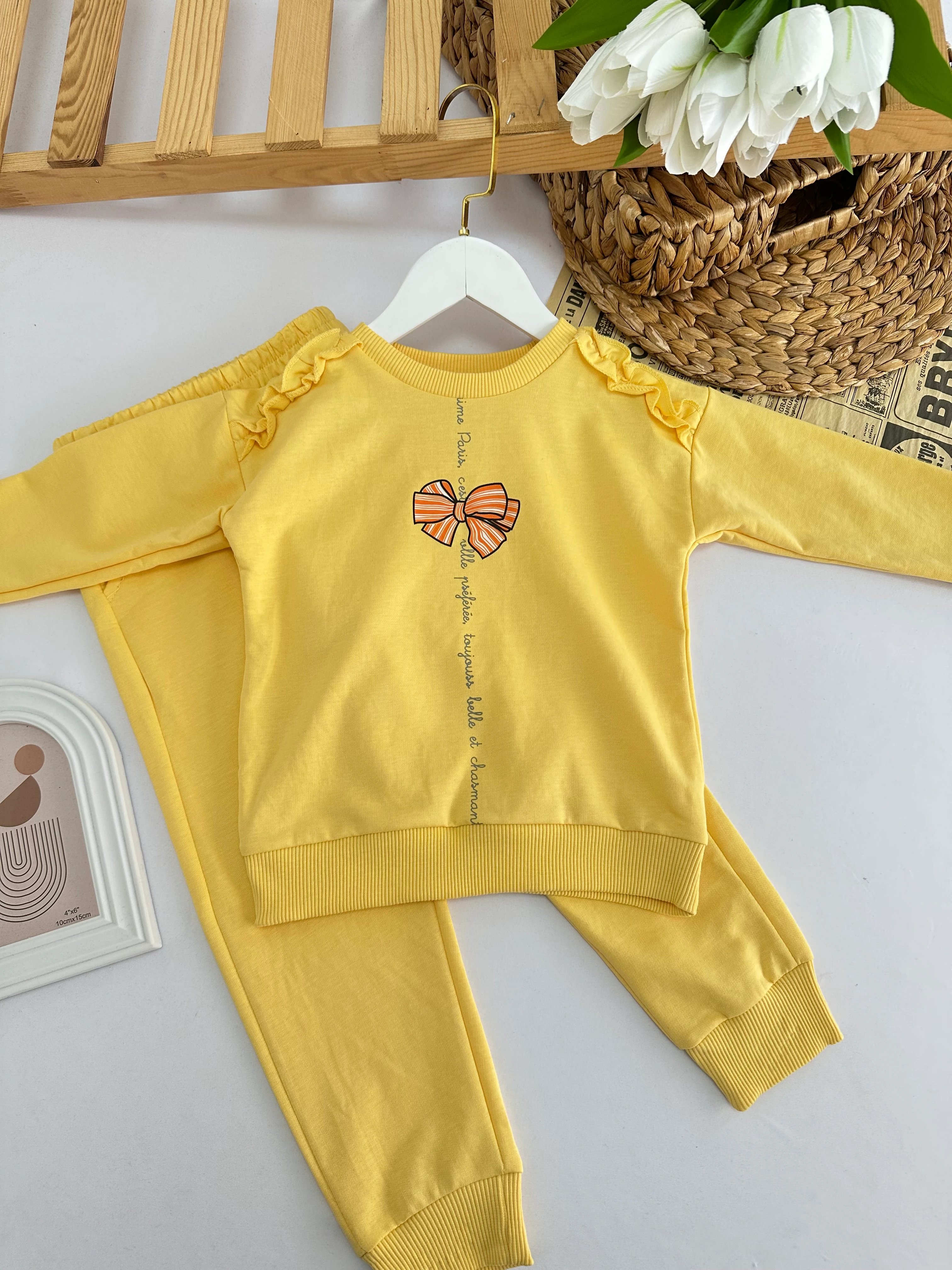 Kız Çocuk Sarı  Kurdele Detaylı Takım