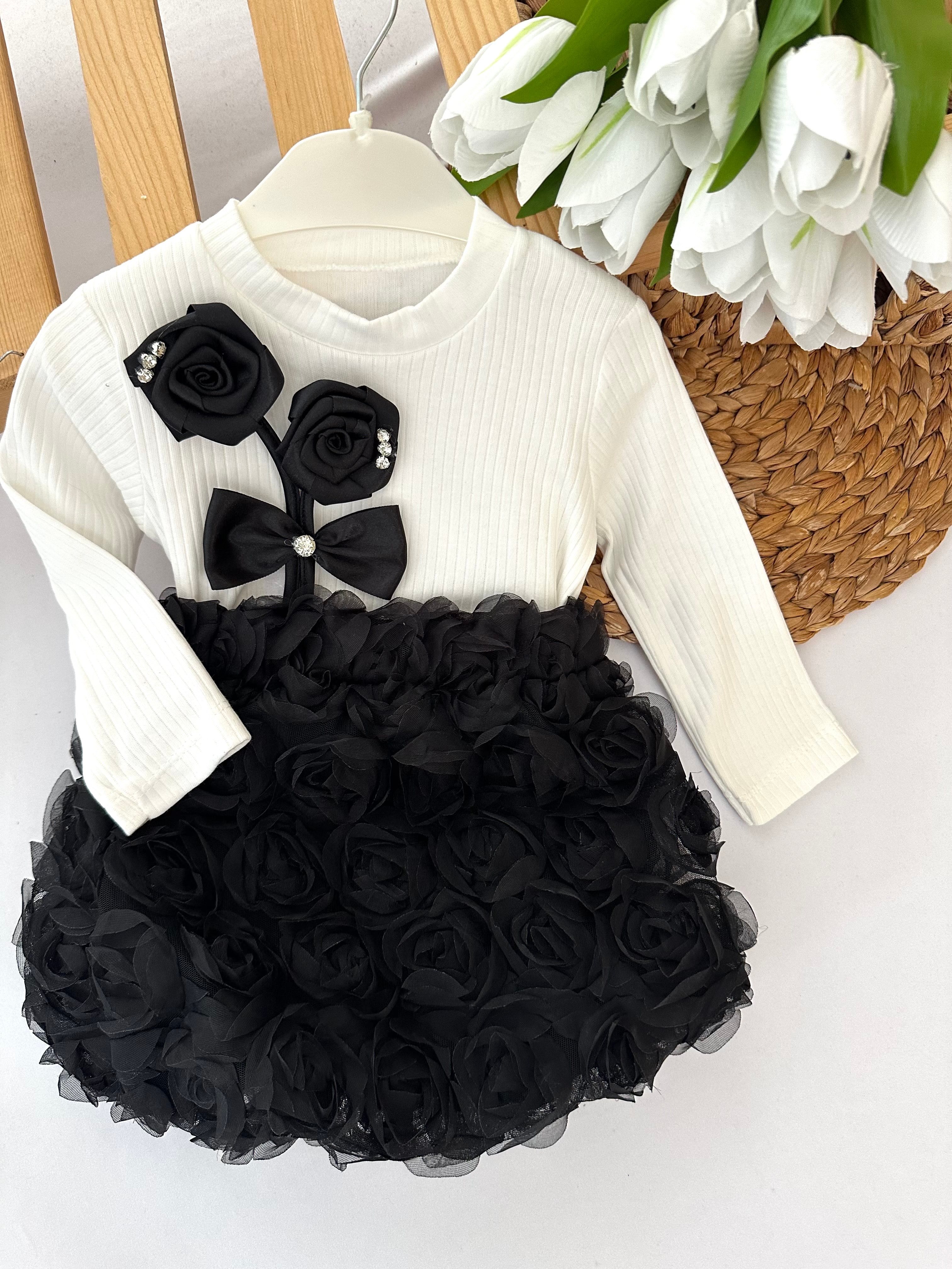 Kız Çocuk Siyah Çiçek İşlemeli Kabarık Etekli Takım
