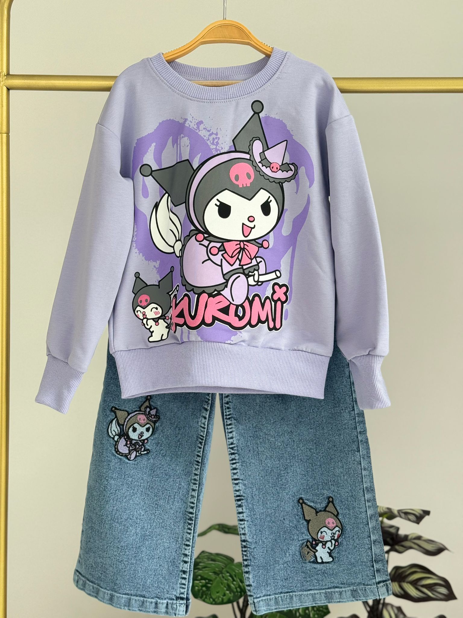 Kız Çocuk Lila Kuromi Kot Pantolon Sweat 2'li Takım