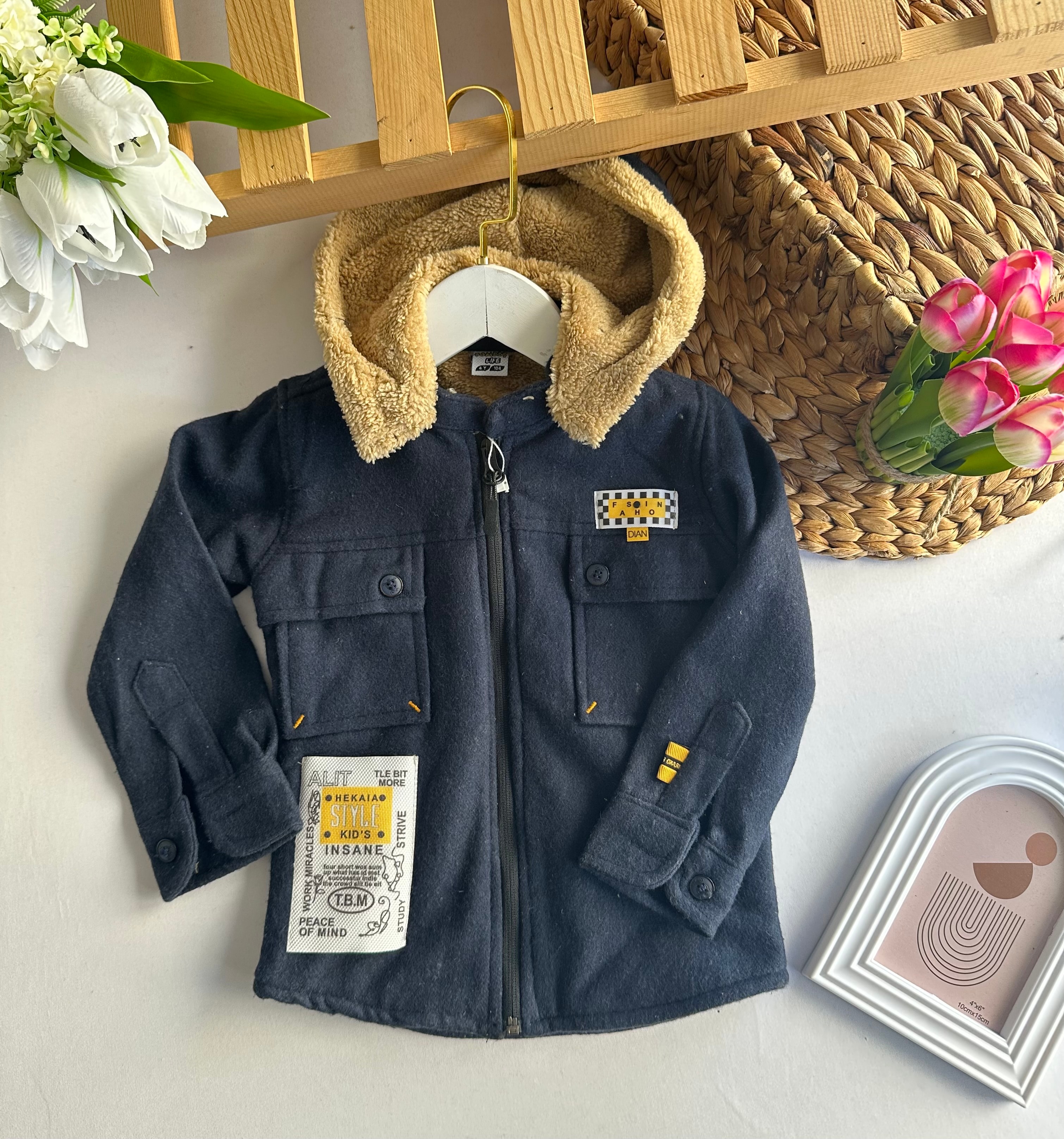 Erkek Çocuk Lacivert Kapüşonlu İçi Peluş Gömlek