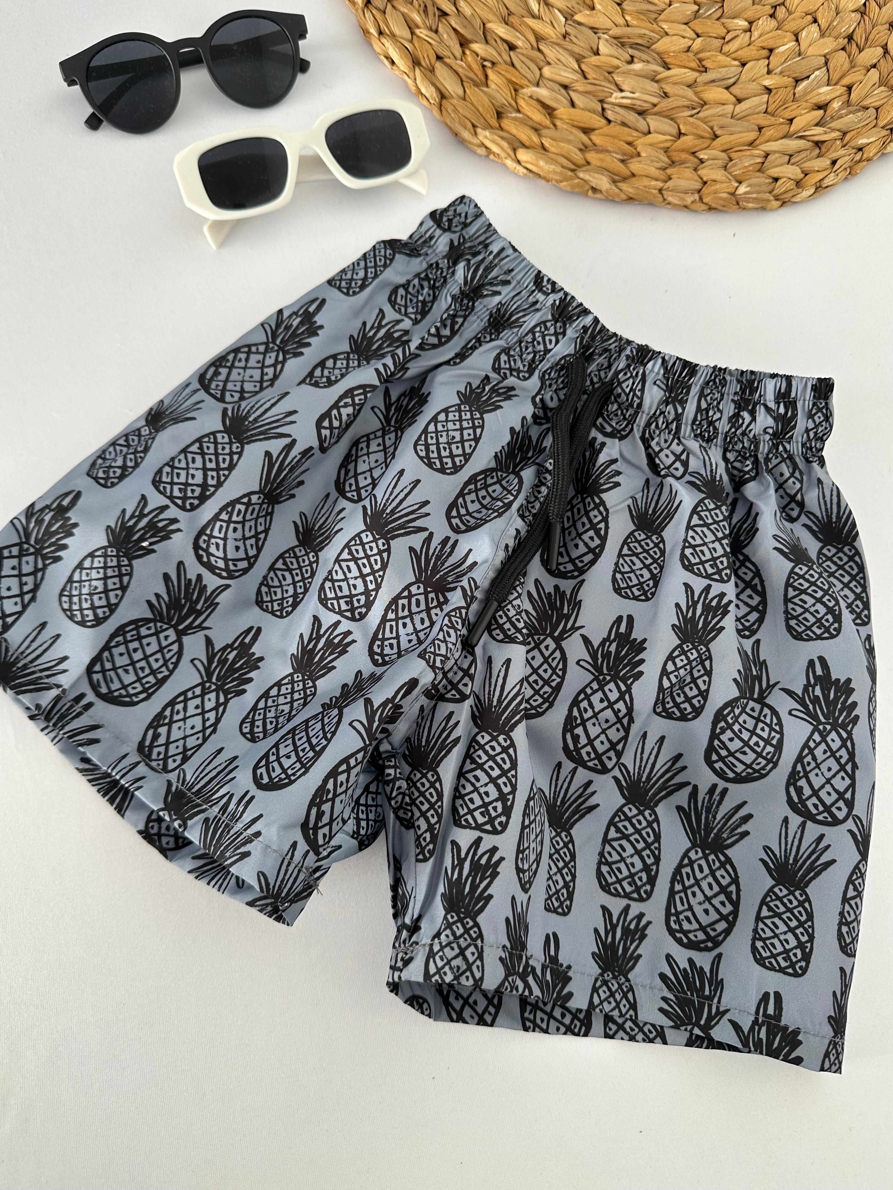 Erkek Çocuk Gri Ananas Desenli Deniz Şortu