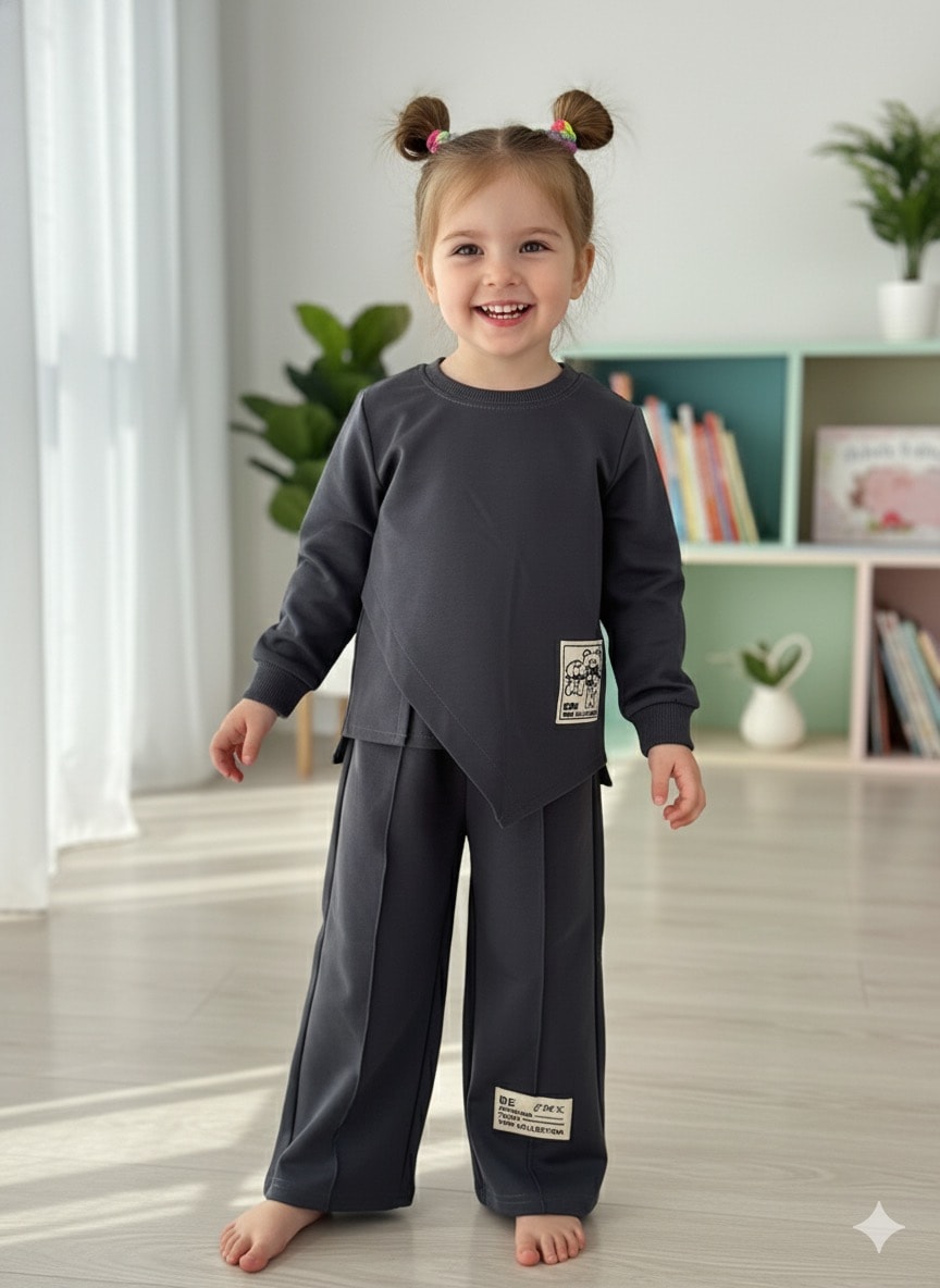 Kız Çocuk Antrasit Ayıcık Yan Kesim Desenli Takım