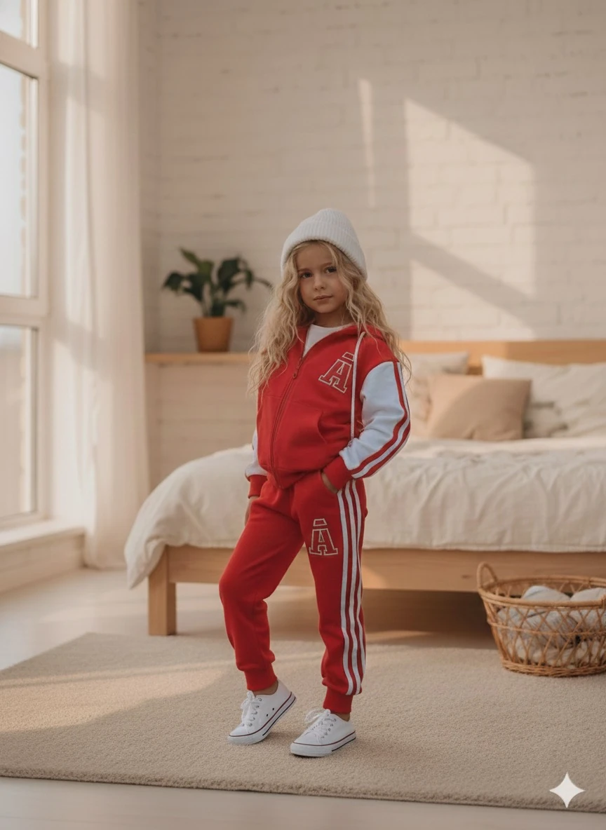 Kız Çocuk Kırmızı A Harf Desenli 2'li Takım