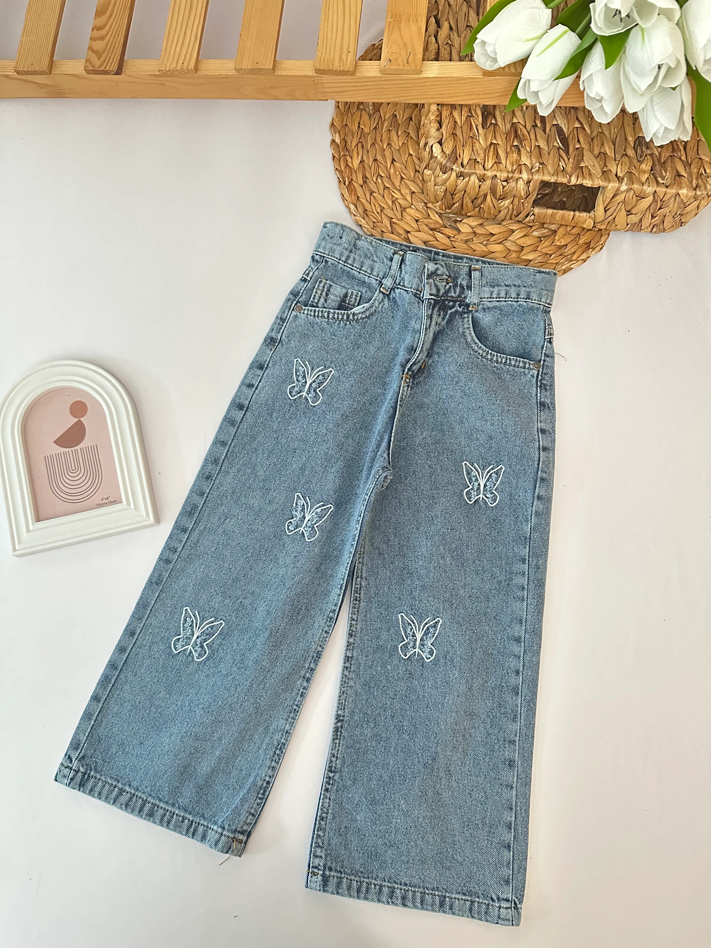 Kız Çocuk Kelebek Nakışlı Mavi Kot Pantolon