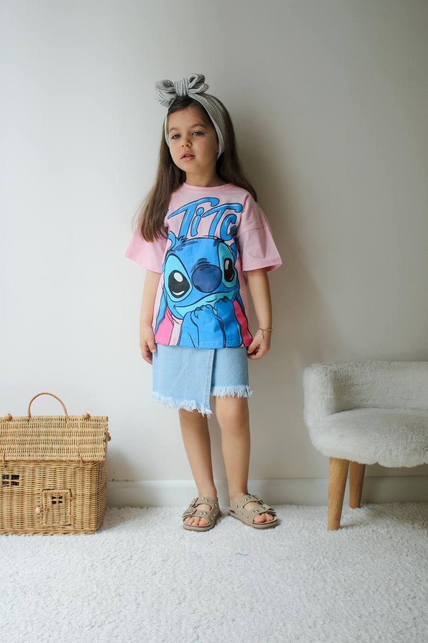 Kız Çocuk Pembe Stitch Şort Etekli Takım