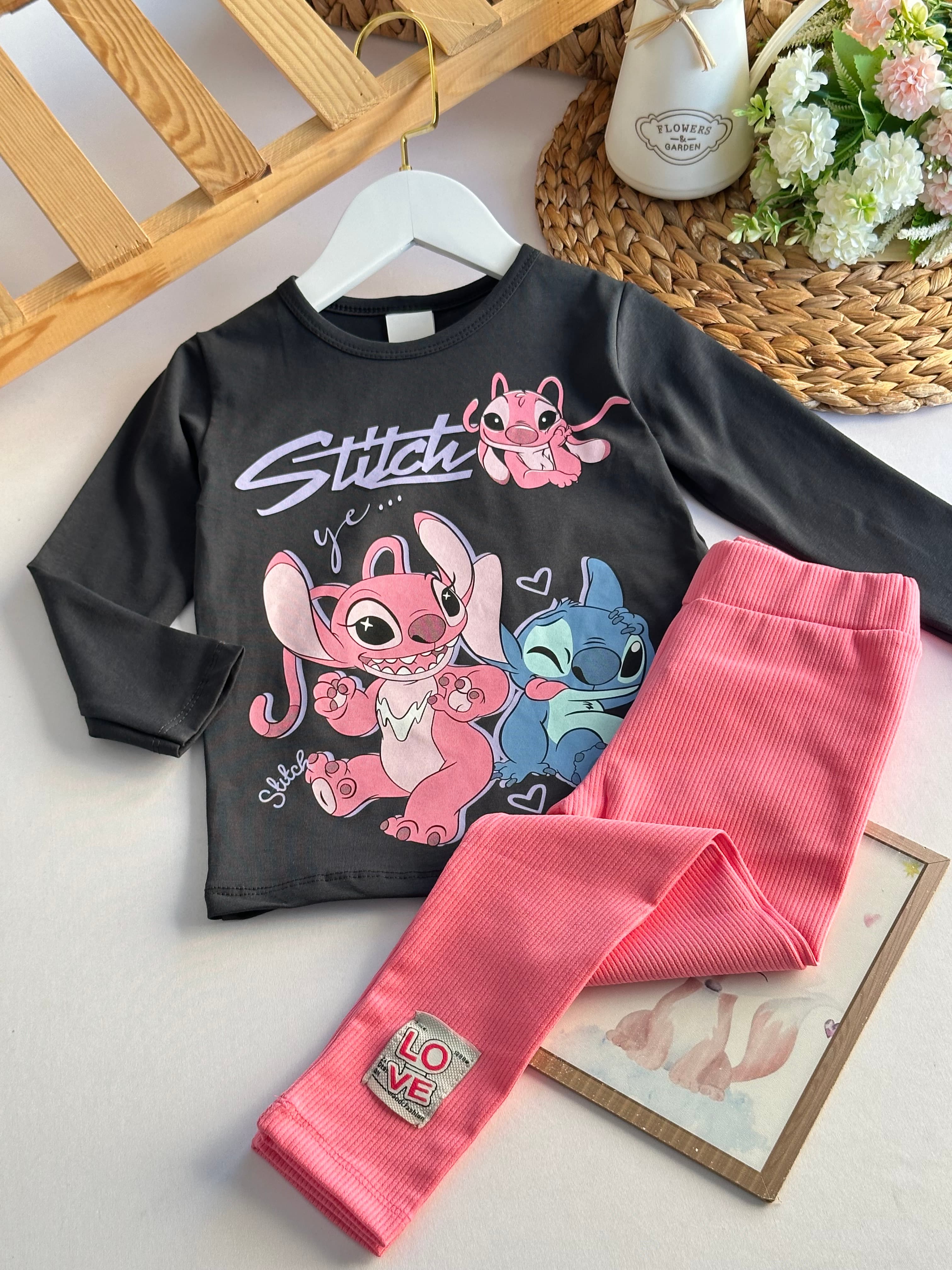 Kız Çocuk Fuşya Stitch Taytlı Takım