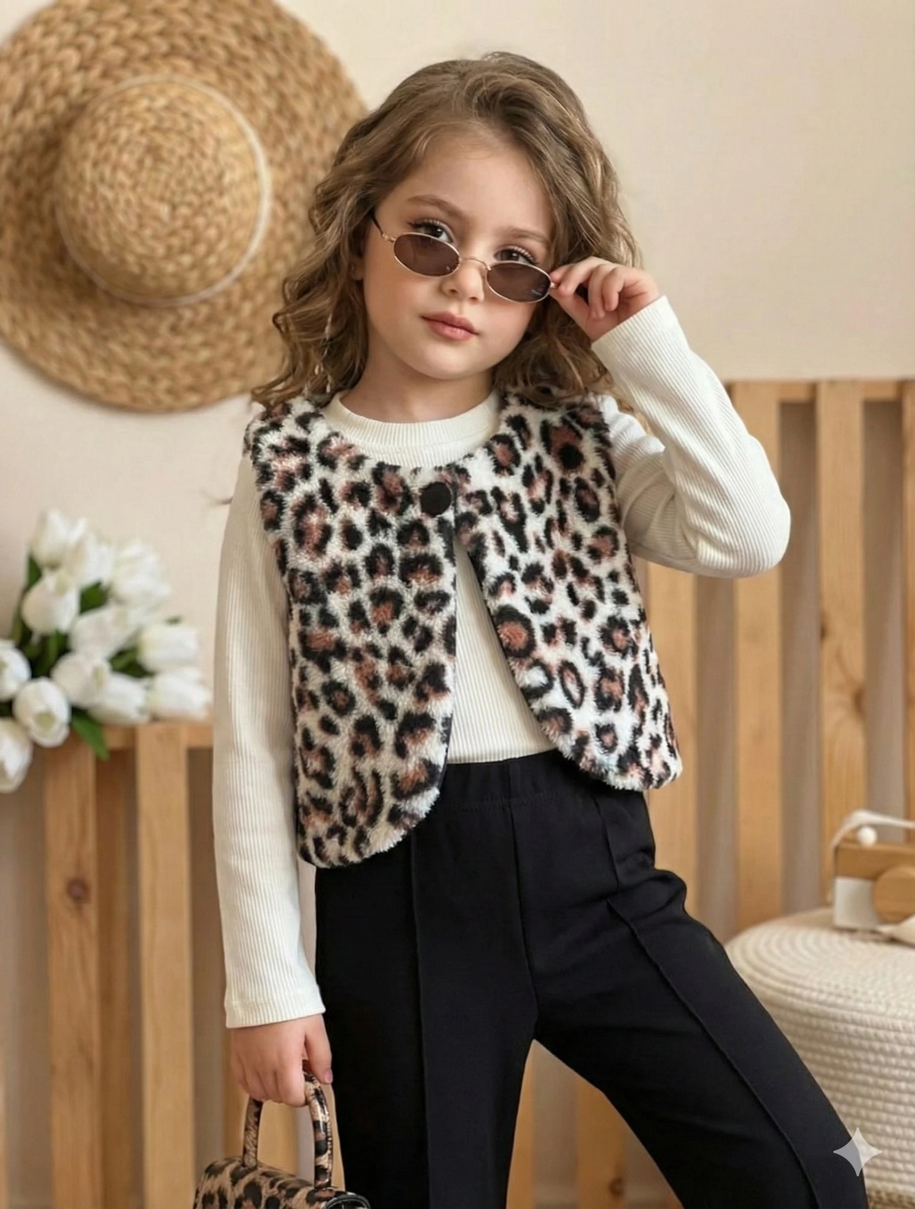 Kız Çocuk Leopar Yelekli Siyah 3'lü Takım
